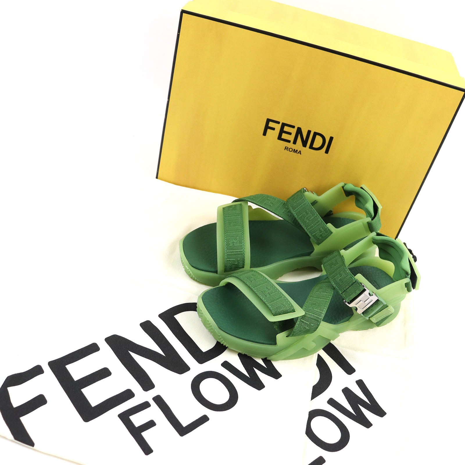 Fendi Flow Sandals FF Logo Multi Strap Green