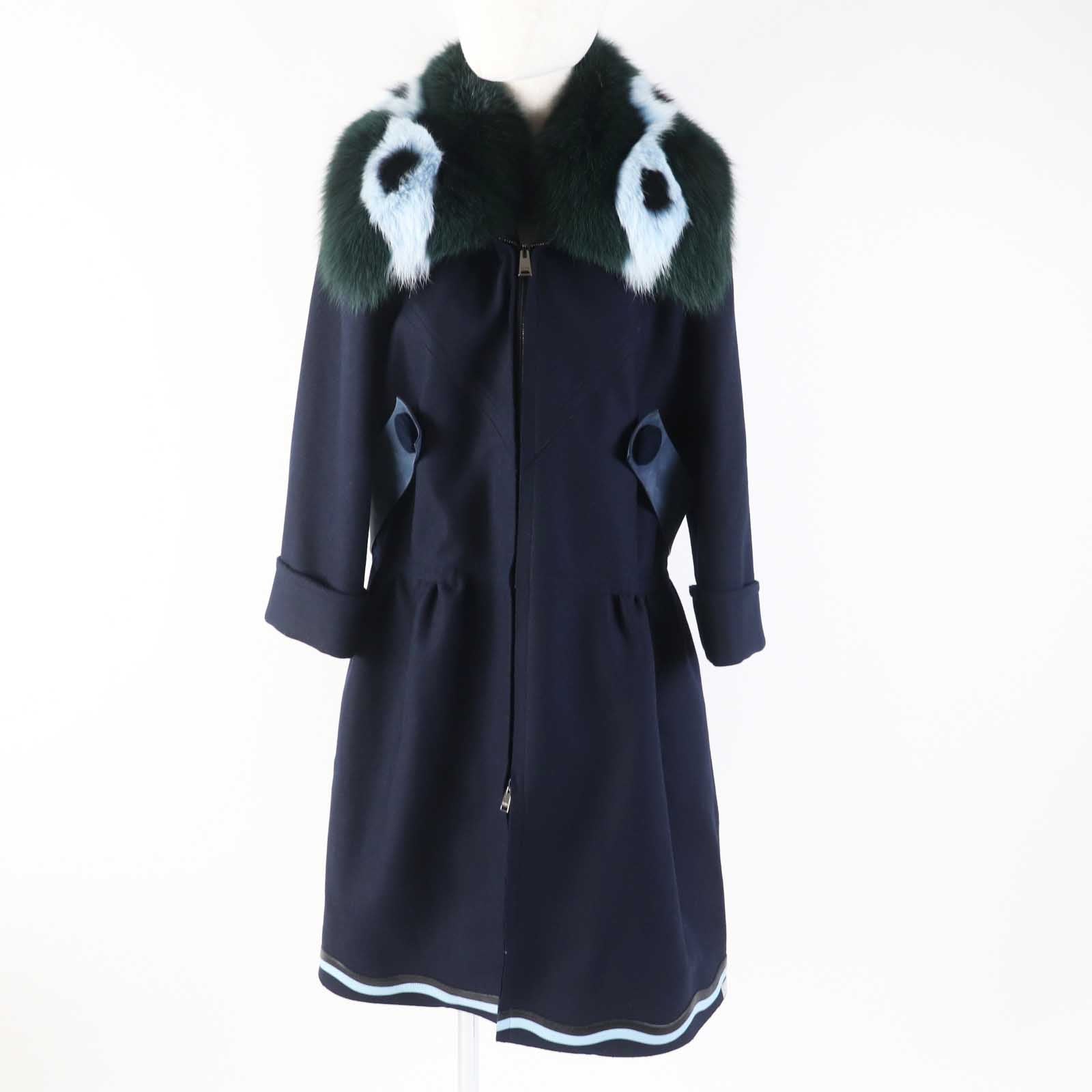 FENDI Wool Cashmere Fox Fur Collar Coat Navy 42