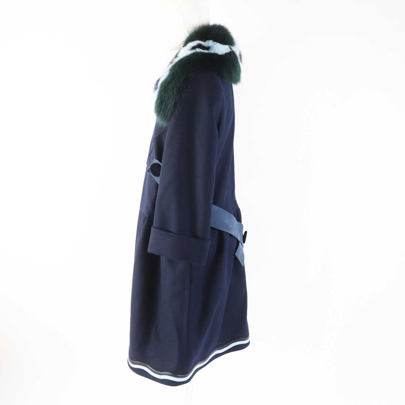 FENDI Wool Cashmere Fox Fur Collar Coat Navy 42