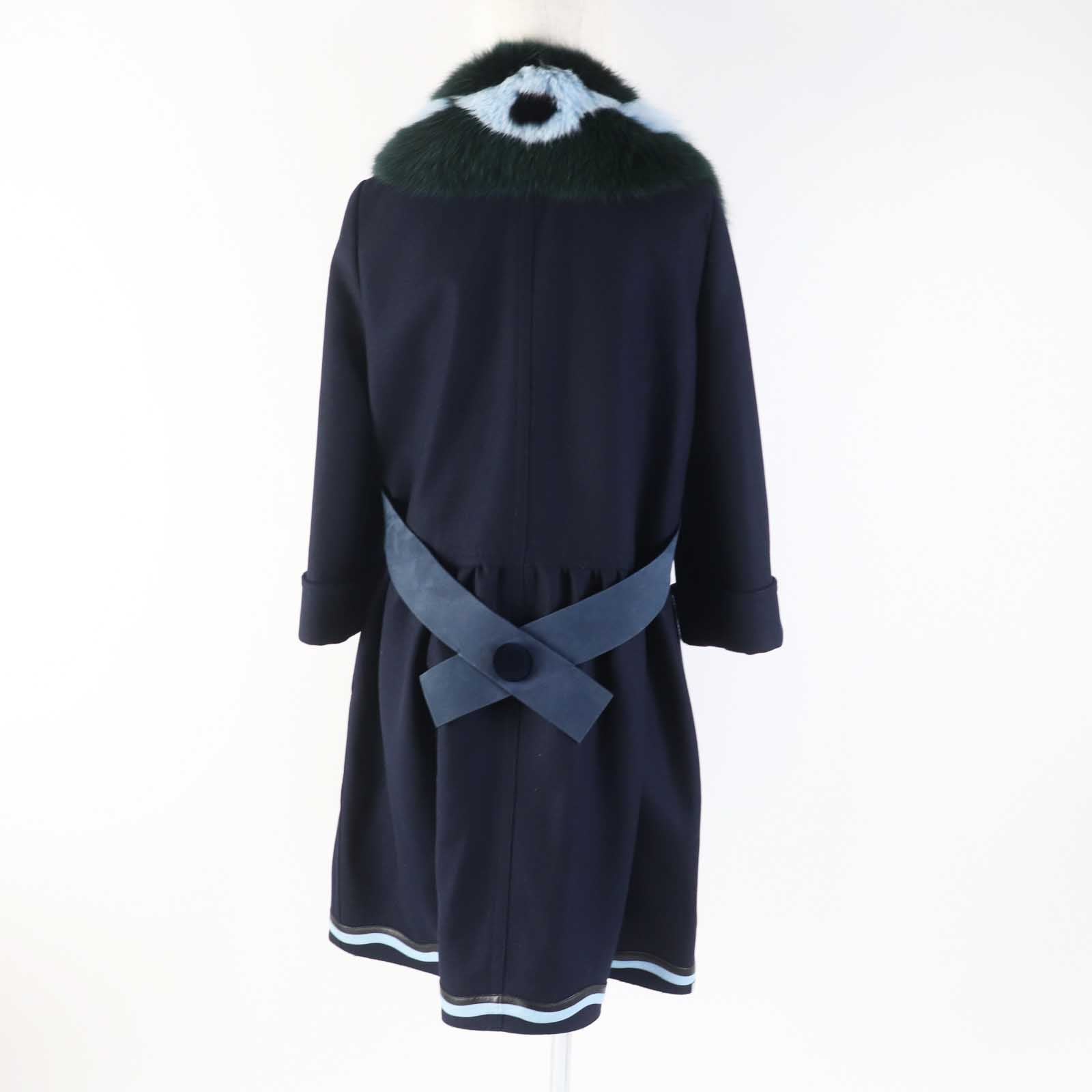 FENDI Wool Cashmere Fox Fur Collar Coat Navy 42