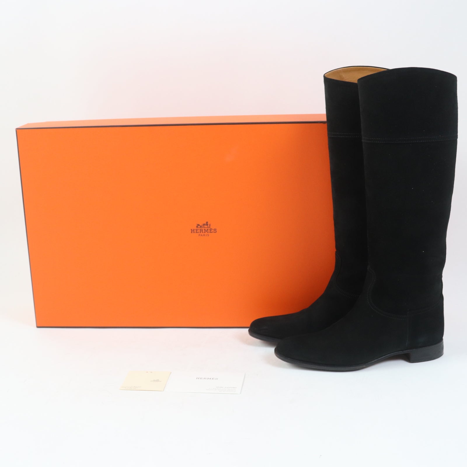 HERMES Suede Leather Knee-high Boots Black 35