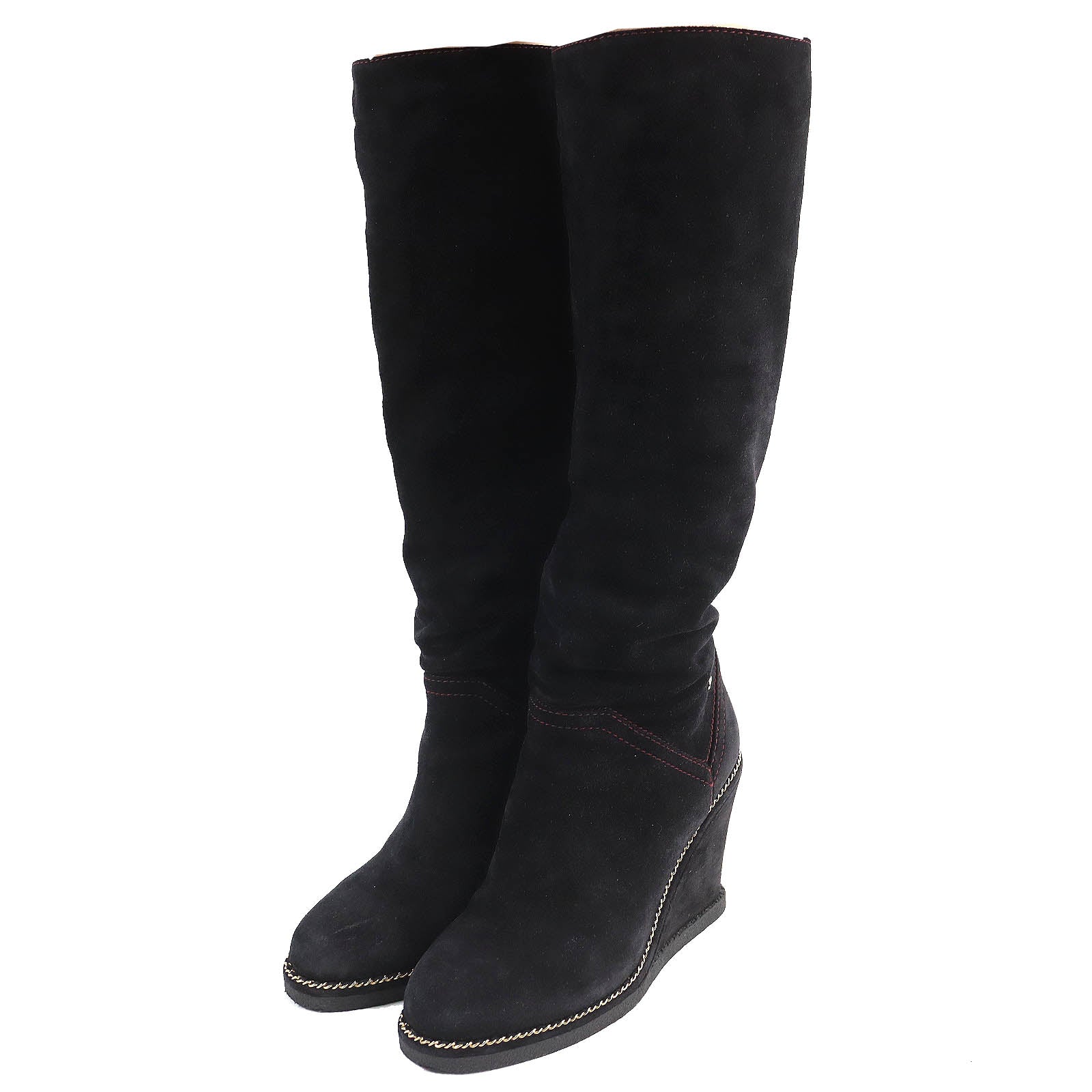 Chanel Suede Leather Knee-high Boots Black 37