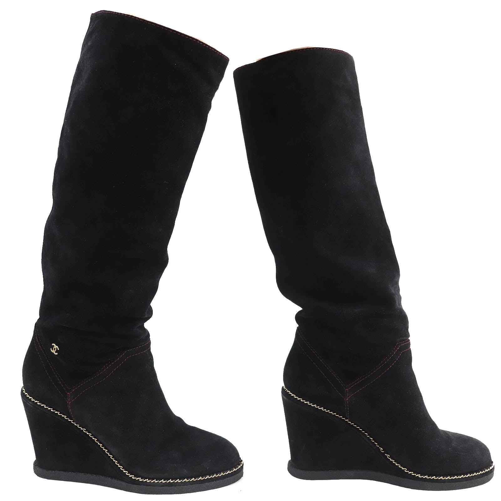 Chanel Suede Leather Knee-high Boots Black 37