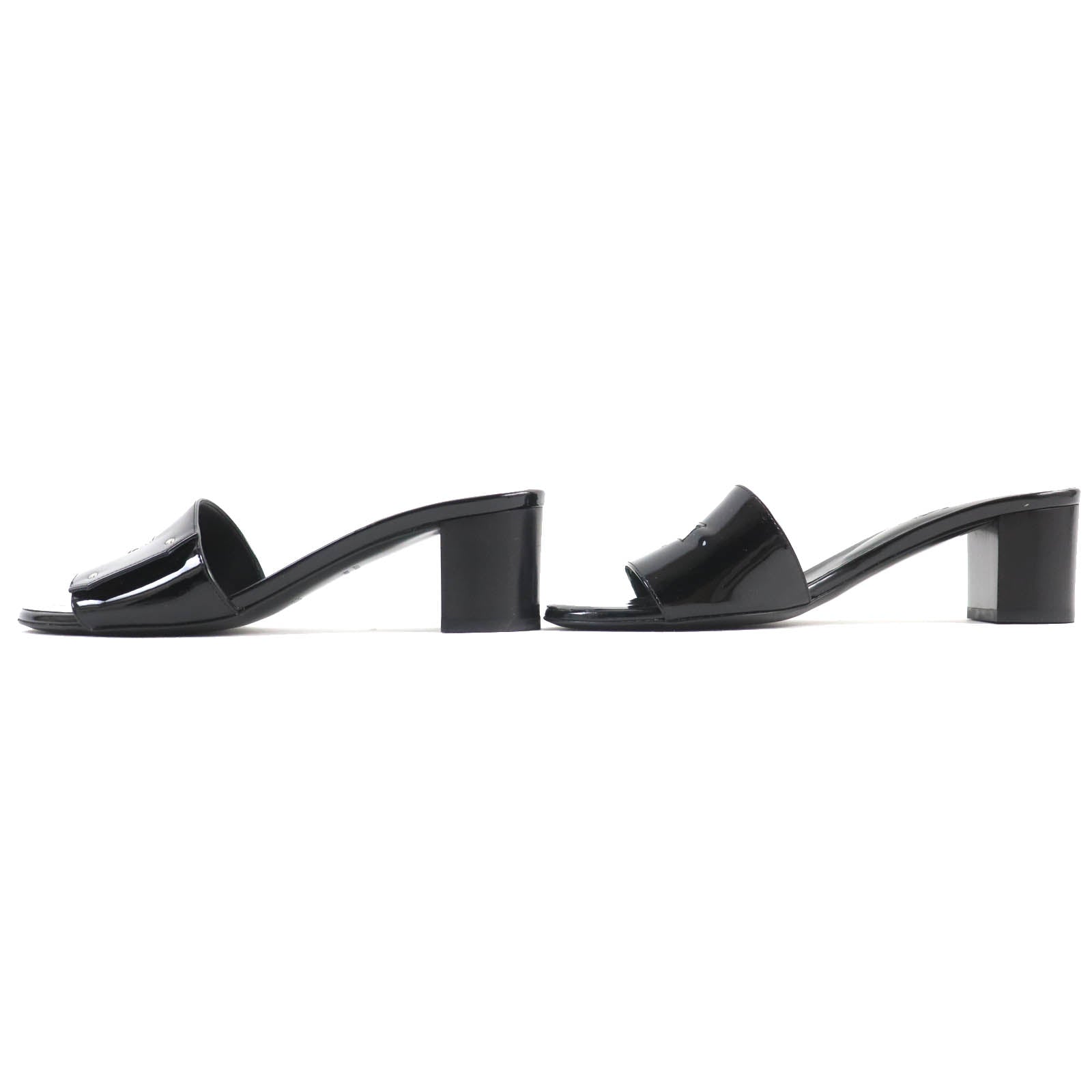 Hermes Patent Leather Open Toe Mules Black