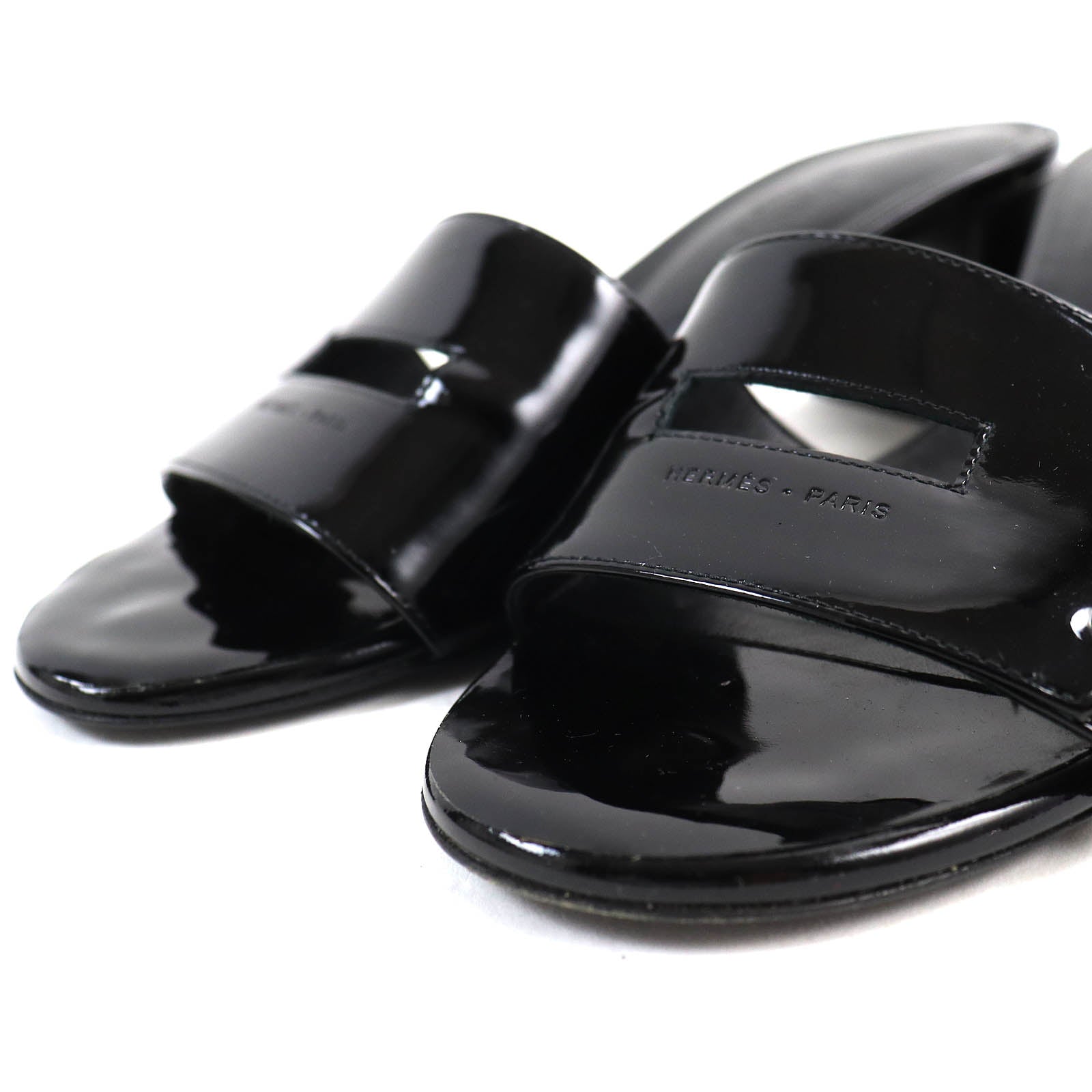 Hermes Patent Leather Open Toe Mules Black