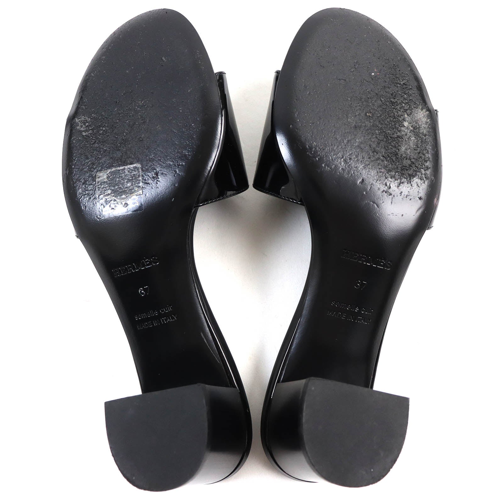 Hermes Patent Leather Open Toe Mules Black