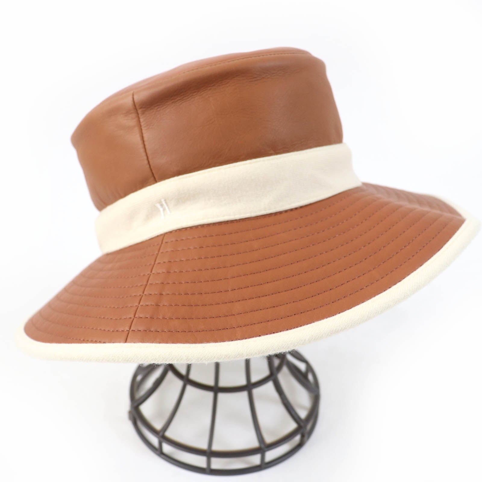 HERMES Leather Cashmere Bucket Hat Brown Ivory