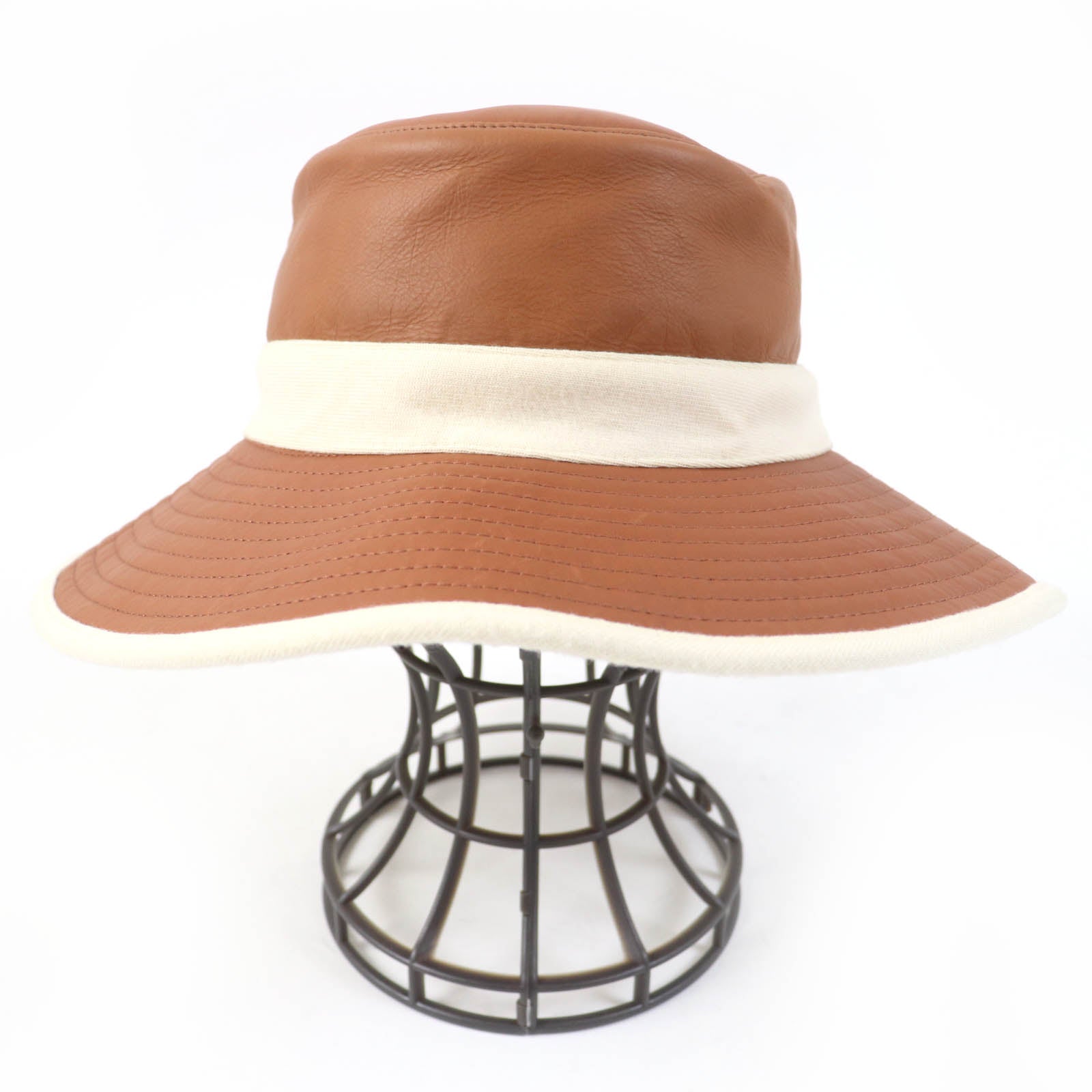 HERMES Leather Cashmere Bucket Hat Brown Ivory