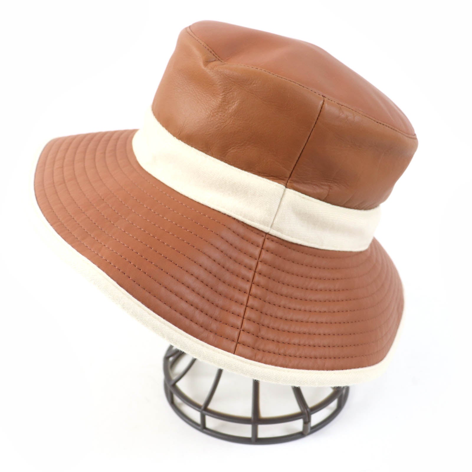 HERMES Leather Cashmere Bucket Hat Brown Ivory