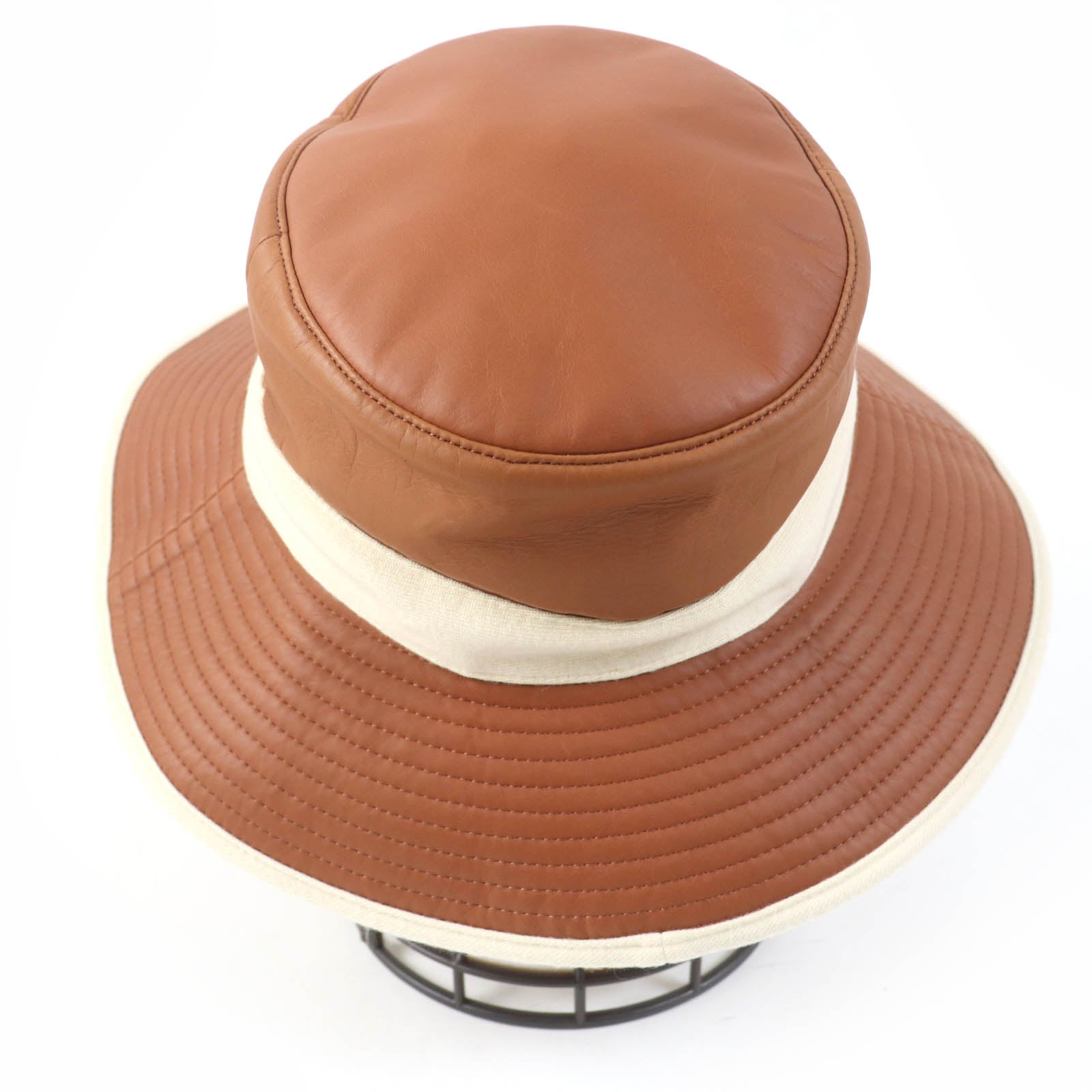 HERMES Leather Cashmere Bucket Hat Brown Ivory