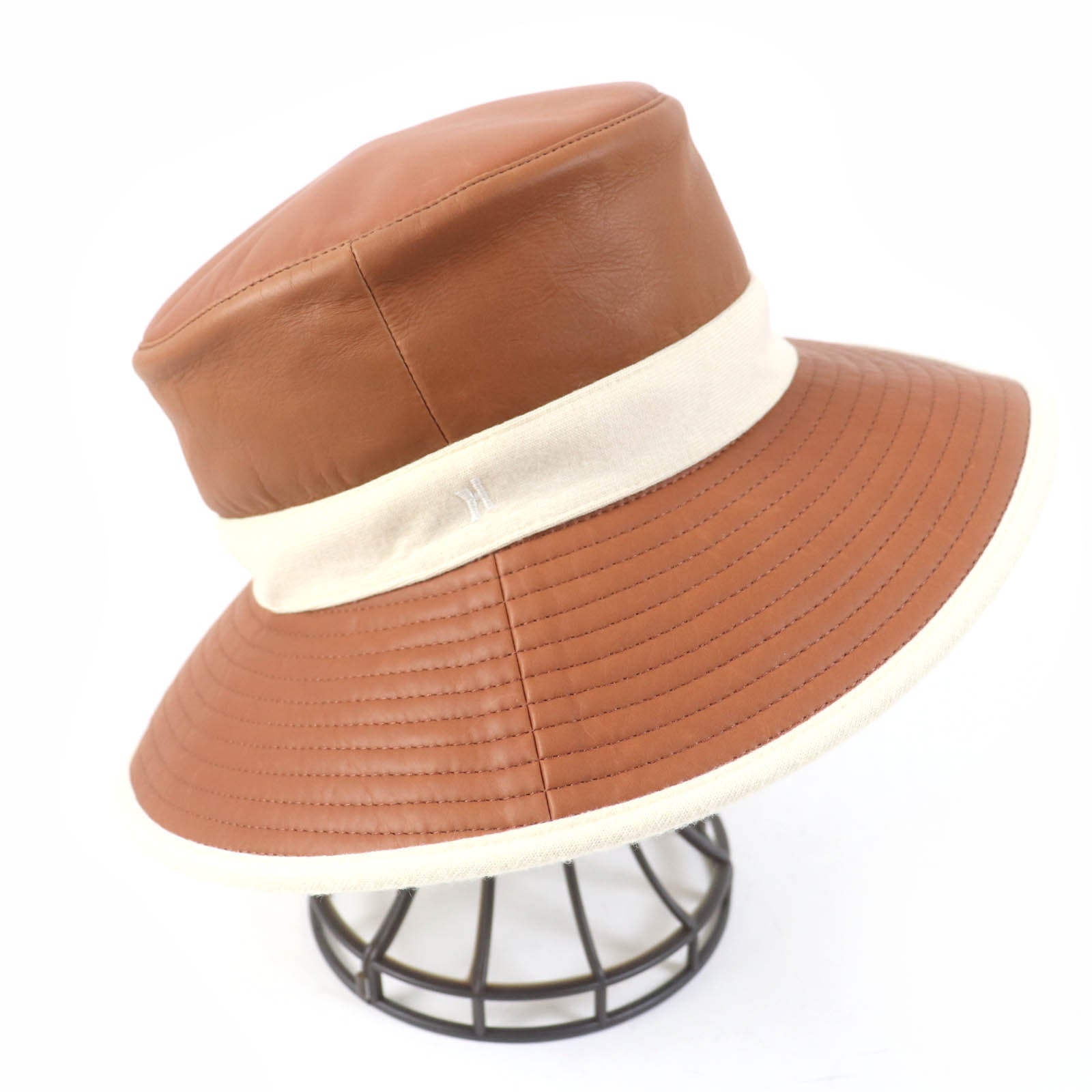 HERMES Leather Cashmere Bucket Hat Brown Ivory