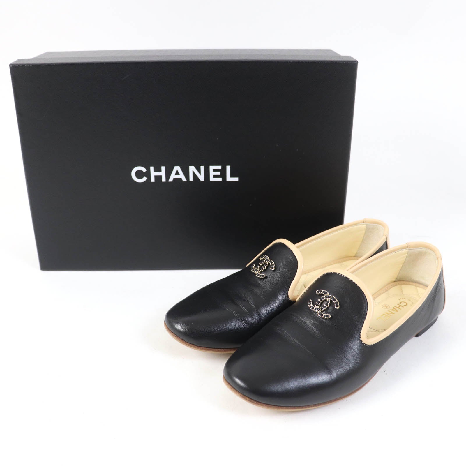 Chanel COCO Mark Leather Shoes Black Beige