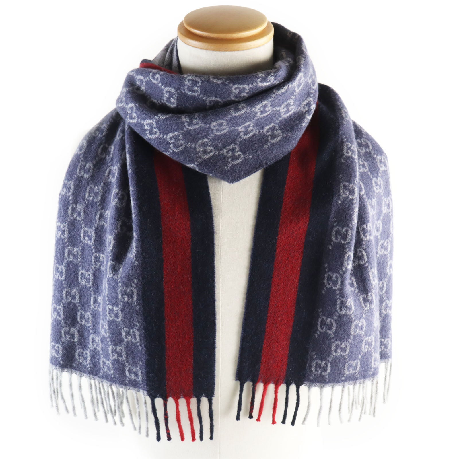 Gucci GG Jacquard Fringe Scarf Navy