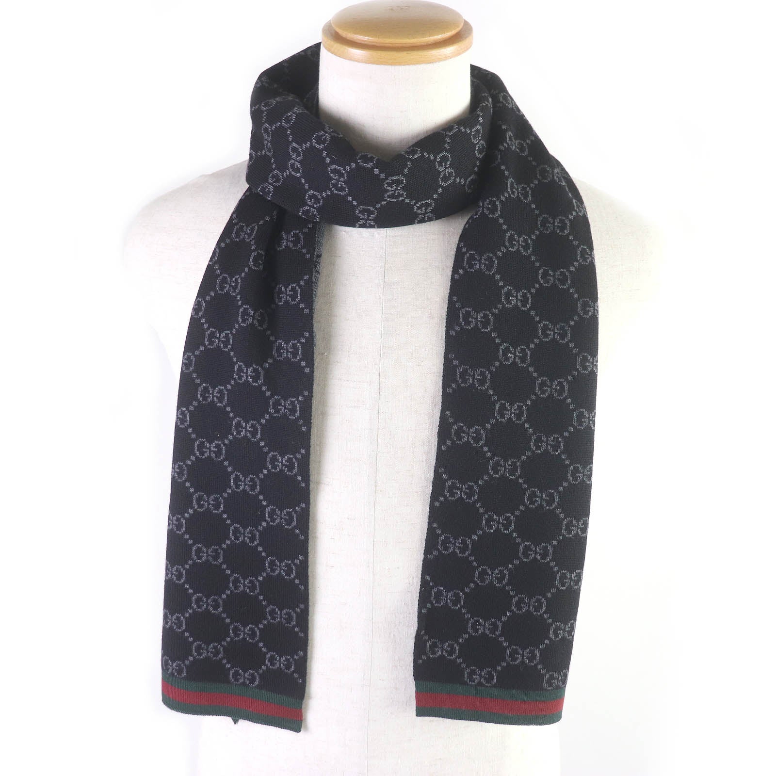 GUCCI Wool GG Pattern Scarf Black Grey