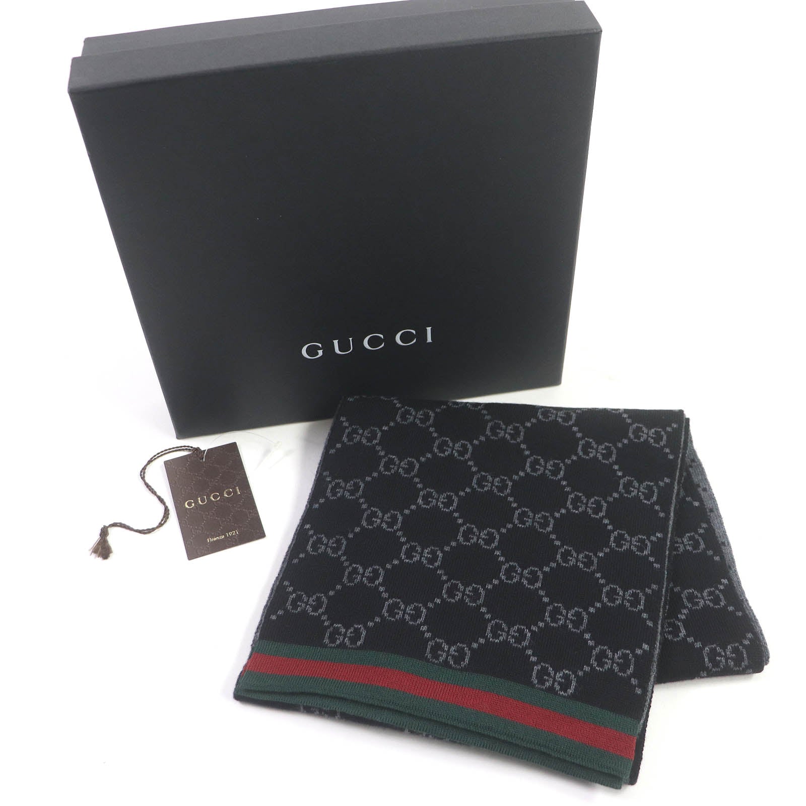 GUCCI Wool GG Pattern Scarf Black Grey