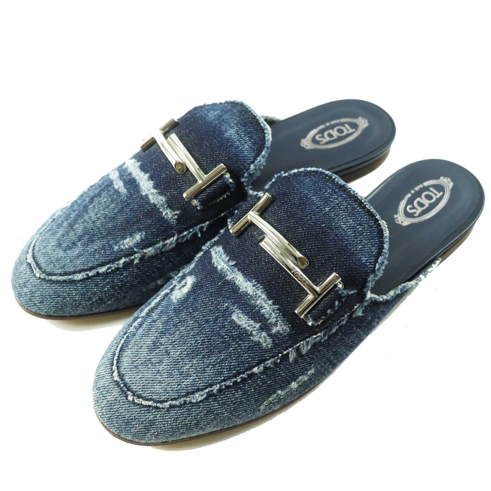 Tod's Double T Denim Leather Slip-Ons 38.5