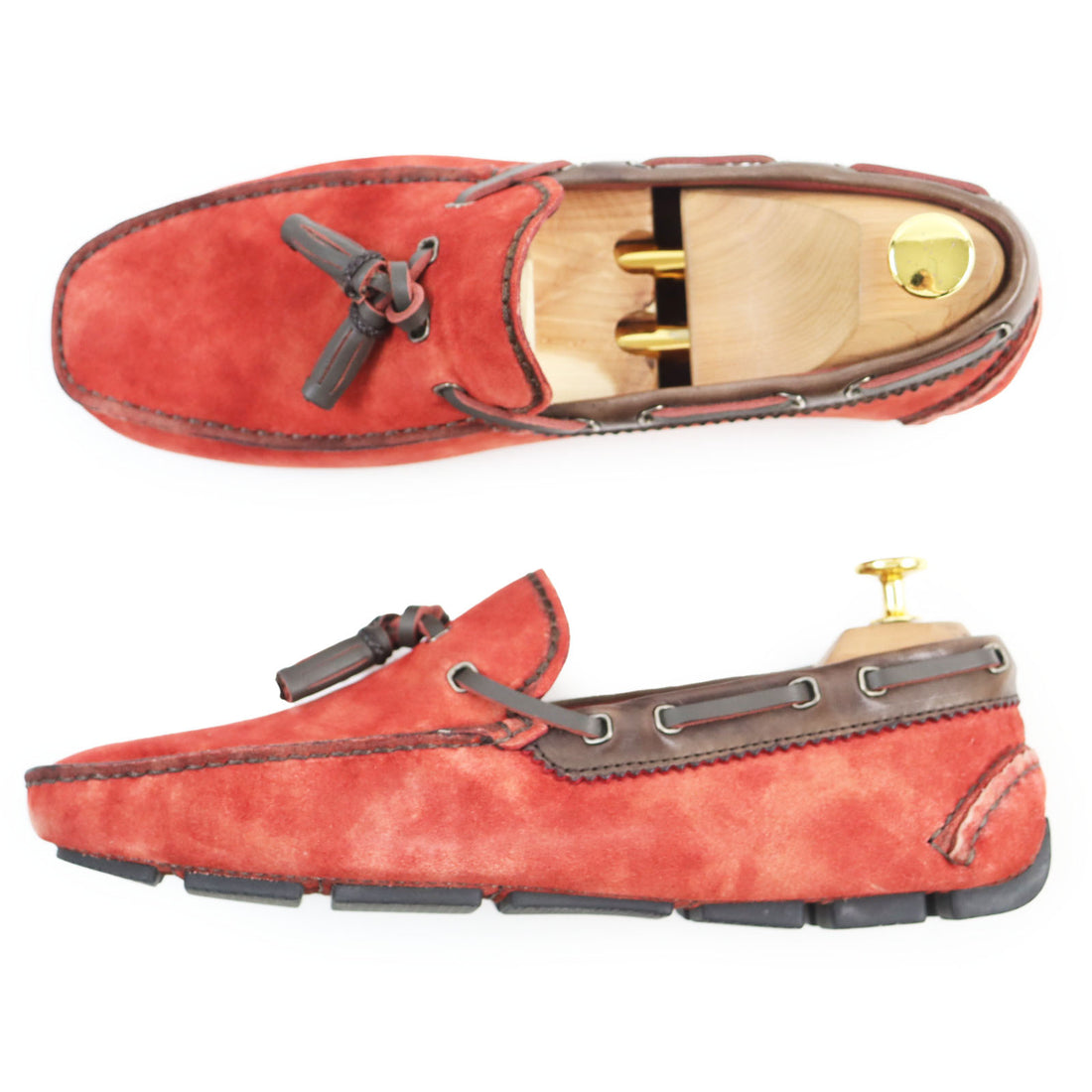 Berluti Suede Leather Tassel Loafers Red 7.5