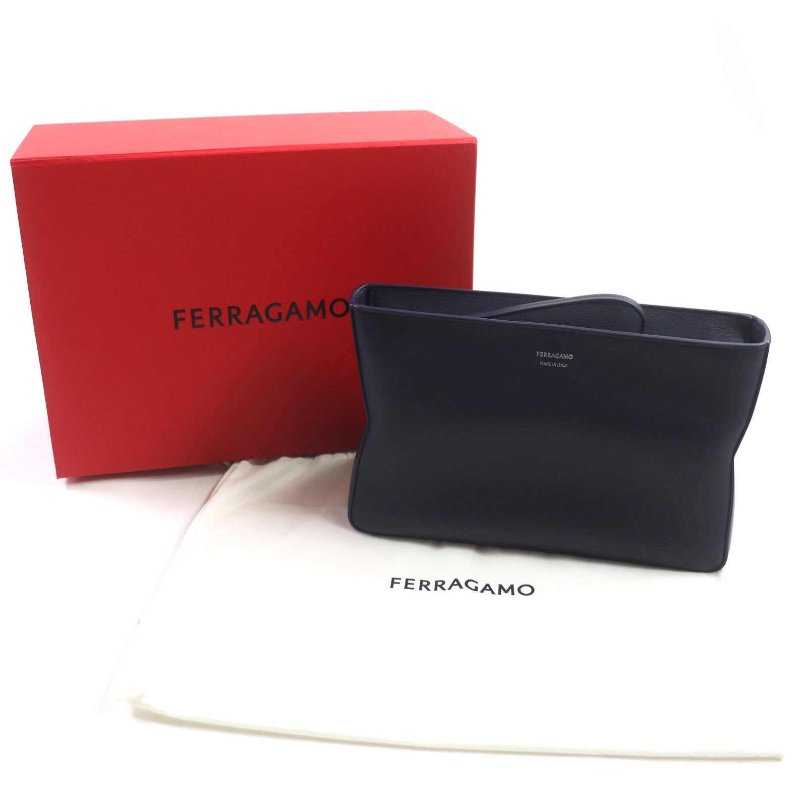 Ferragamo Leather Logo Clutch Bag Navy