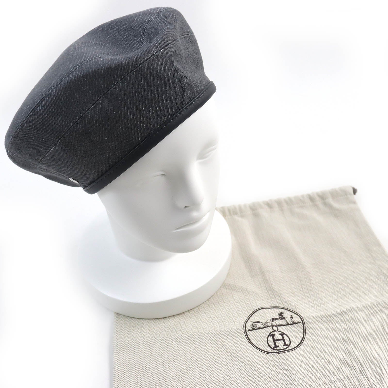 Hermes Cotton Rayon Leather Beret Gray 58