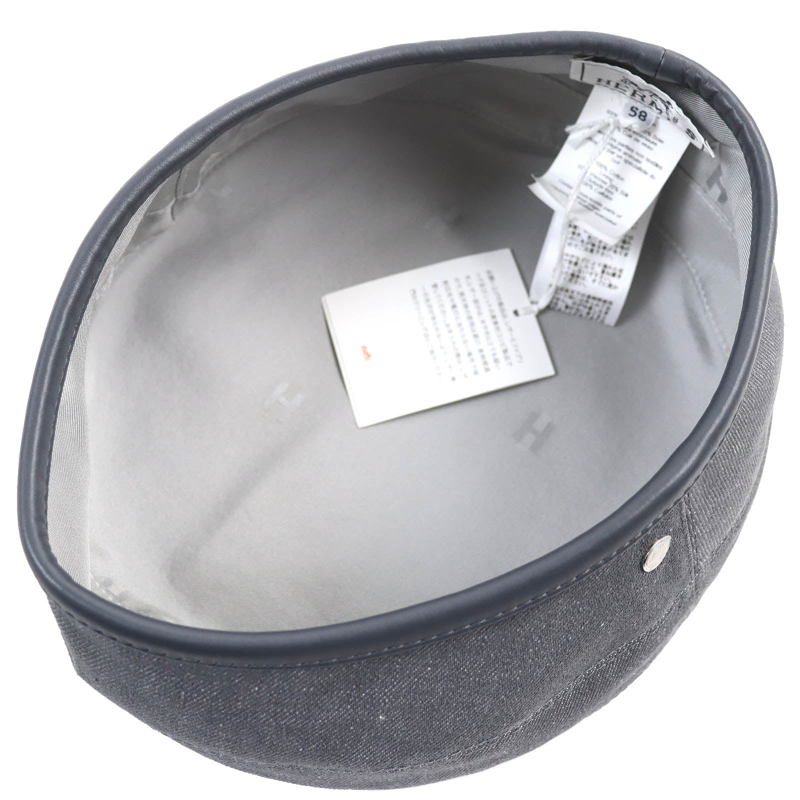 Hermes Cotton Rayon Leather Beret Gray 58