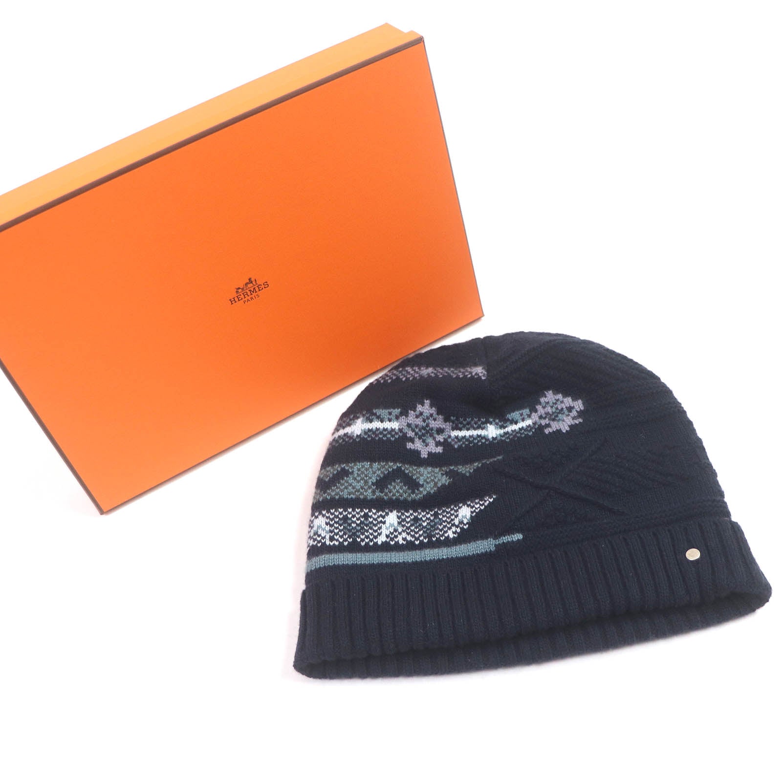 HERMES Wool Cashmere Nordic Beanie Cap Navy