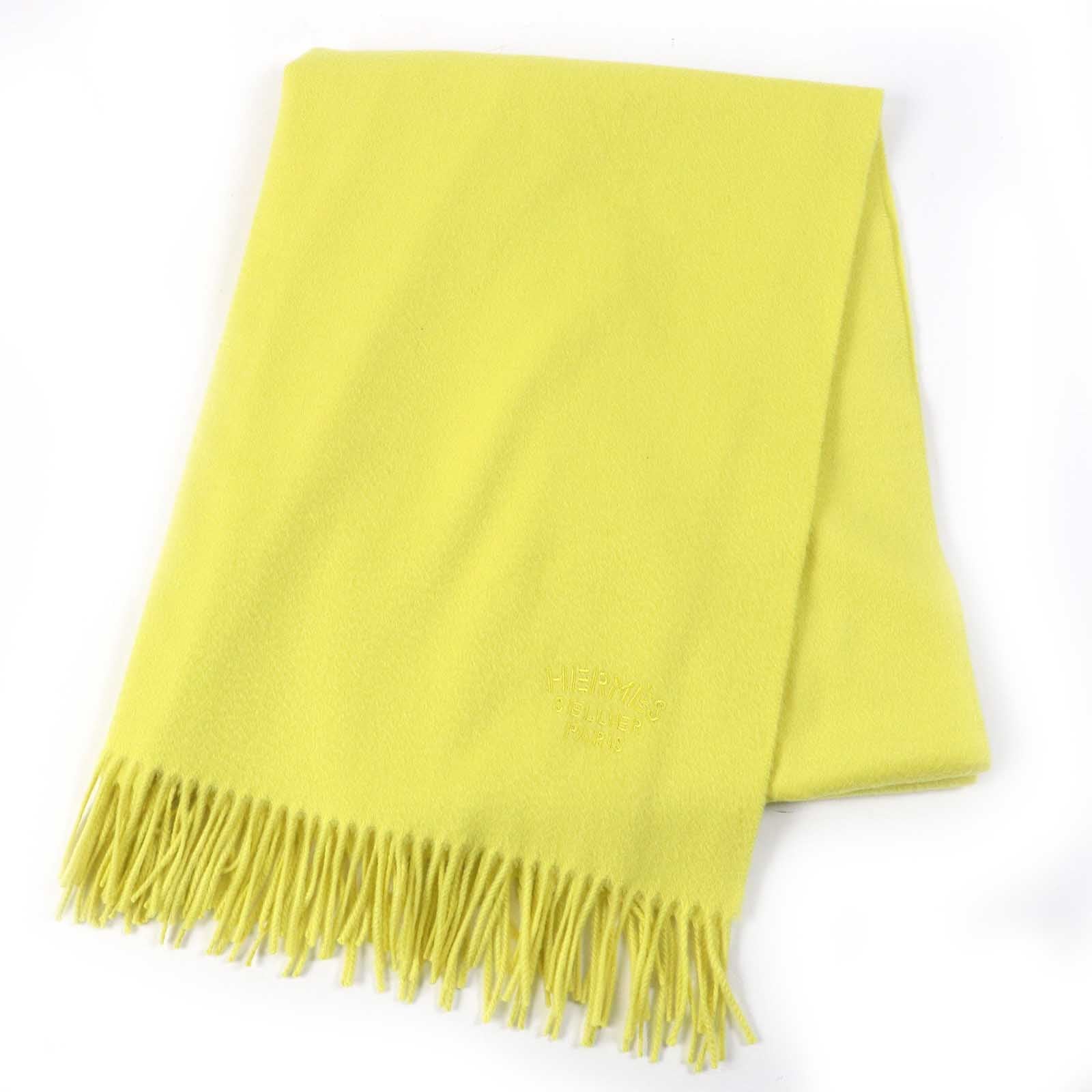 HERMES Cashmere Logo Fringe Scarf Yellow