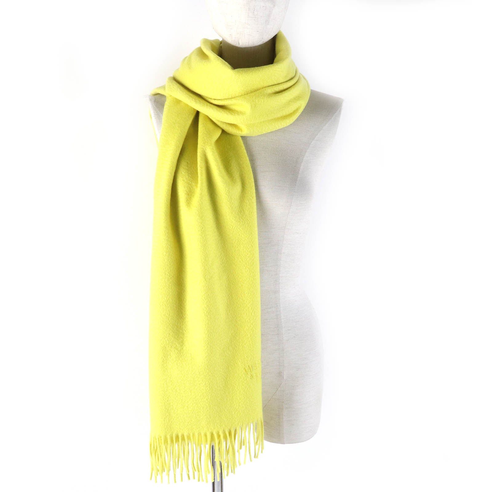 HERMES Cashmere Logo Fringe Scarf Yellow