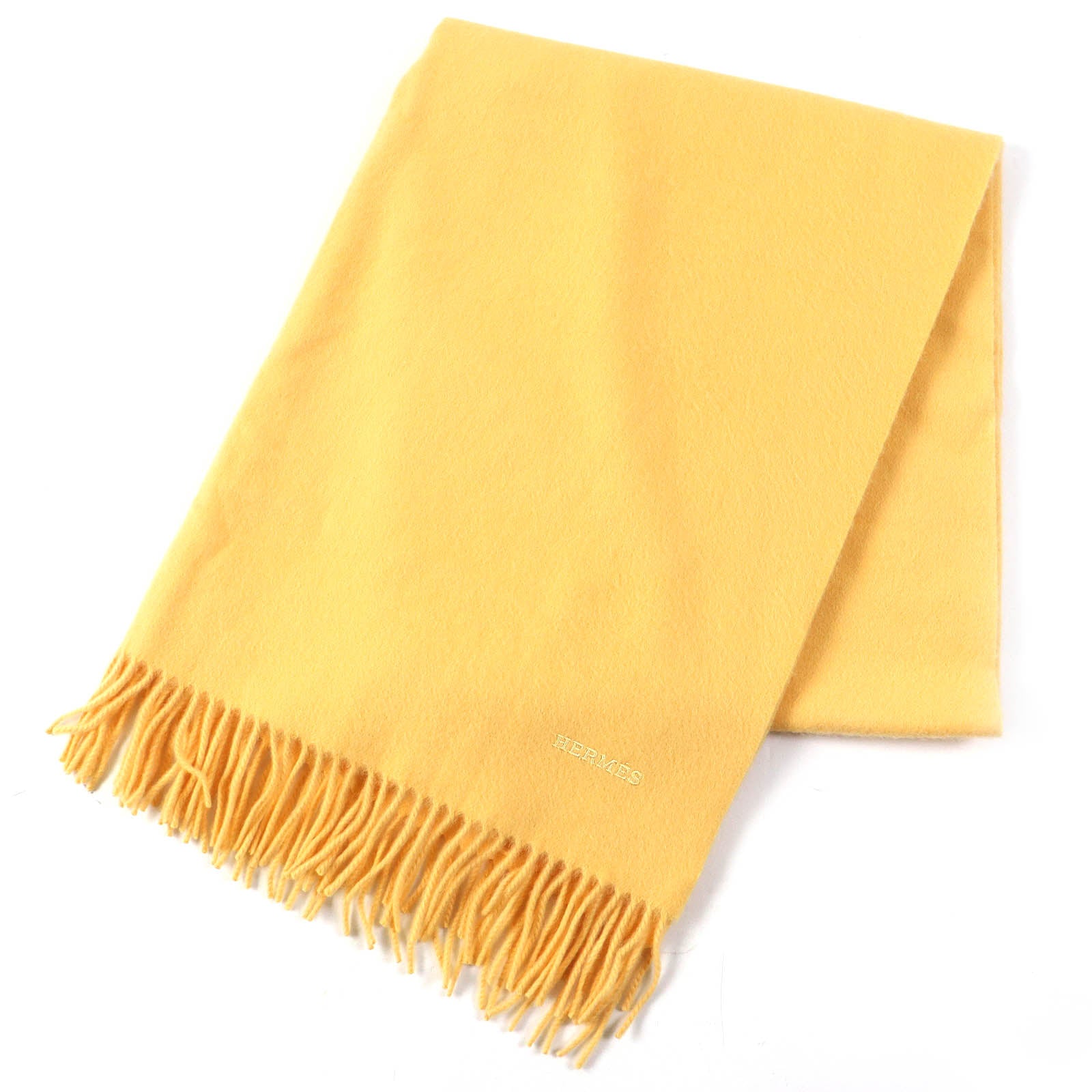 HERMES Cashmere Logo Fringe Shawl Yellow