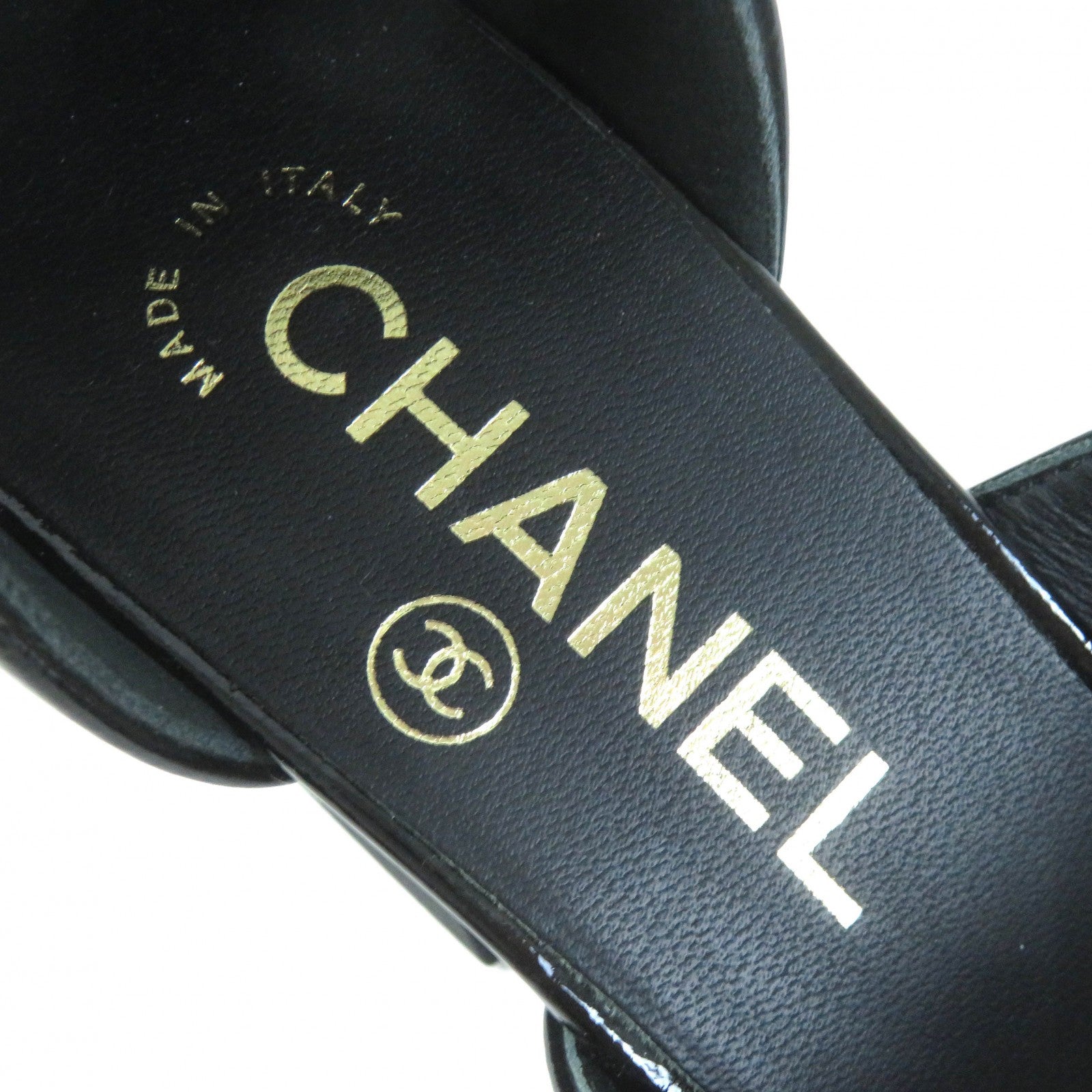 Chanel Patent Leather Sandals Black Gold 38