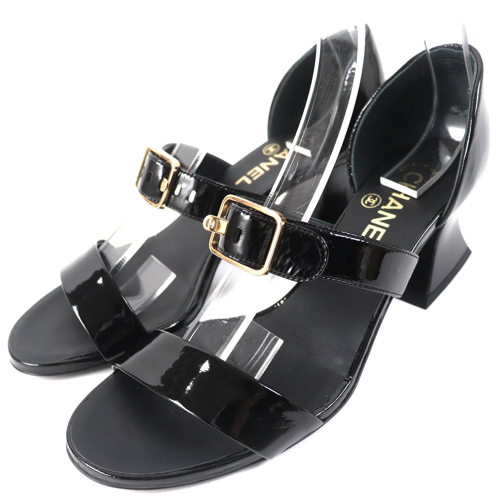 Chanel Patent Leather Sandals Black Gold 38