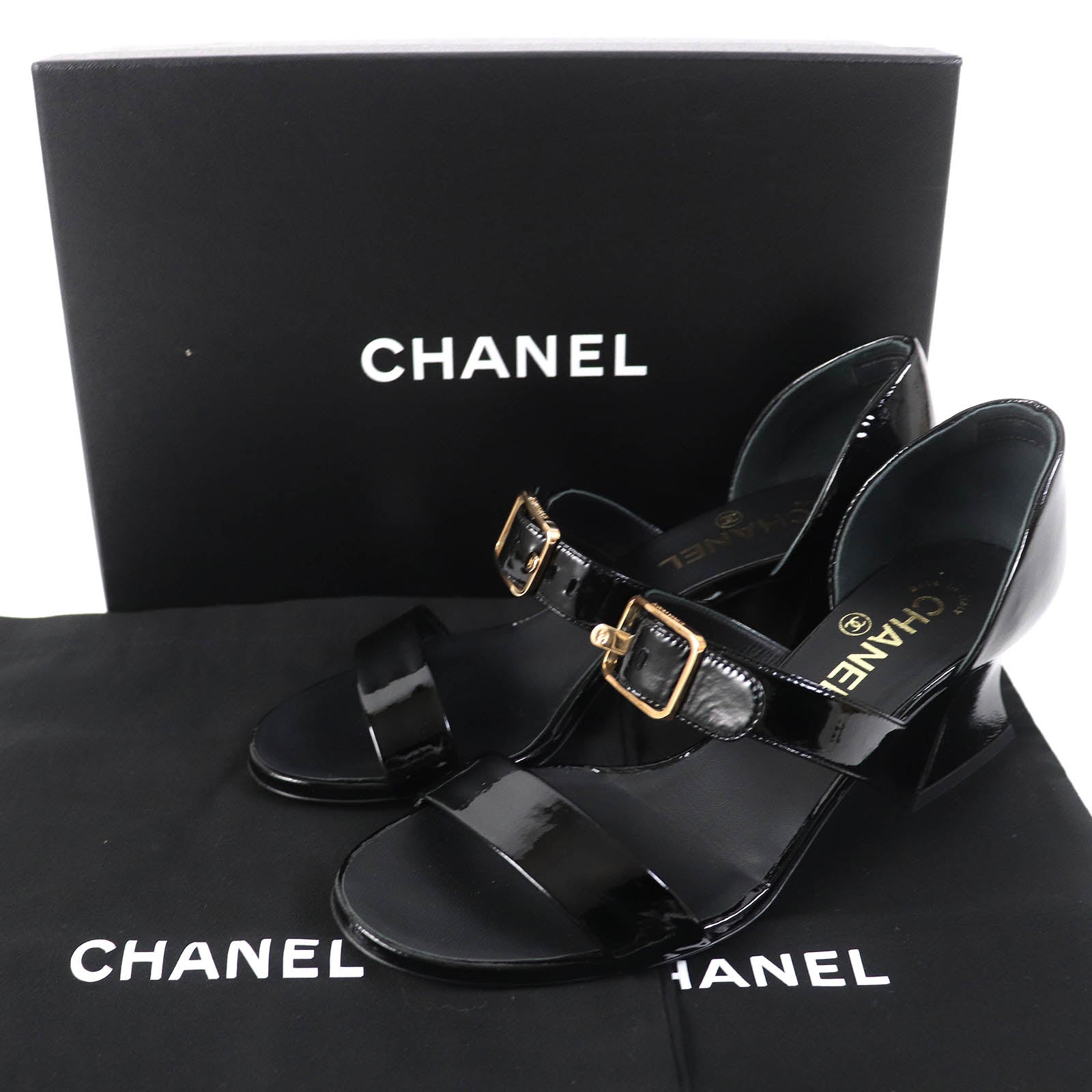 Chanel Patent Leather Sandals Black Gold 38