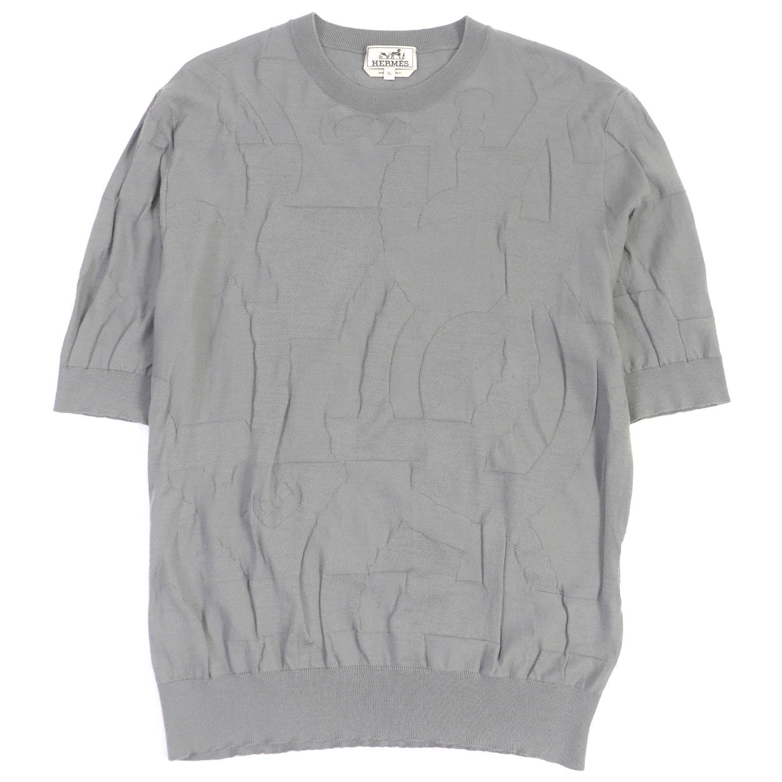 HERMES Wool Embossed Short Sleeve Knit Gray XL