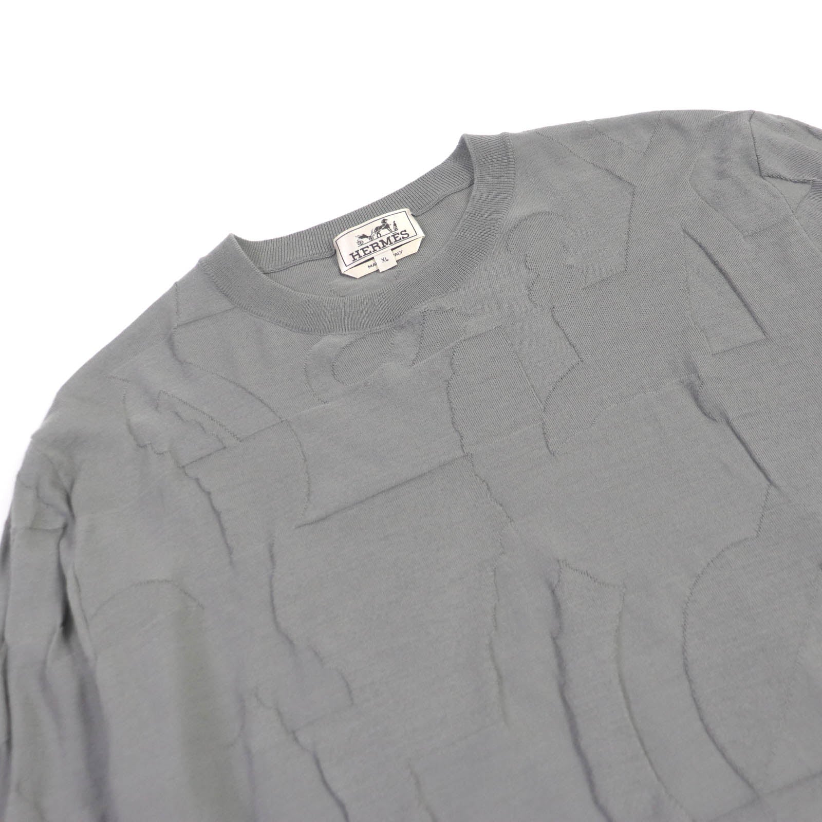 HERMES Wool Embossed Short Sleeve Knit Gray XL