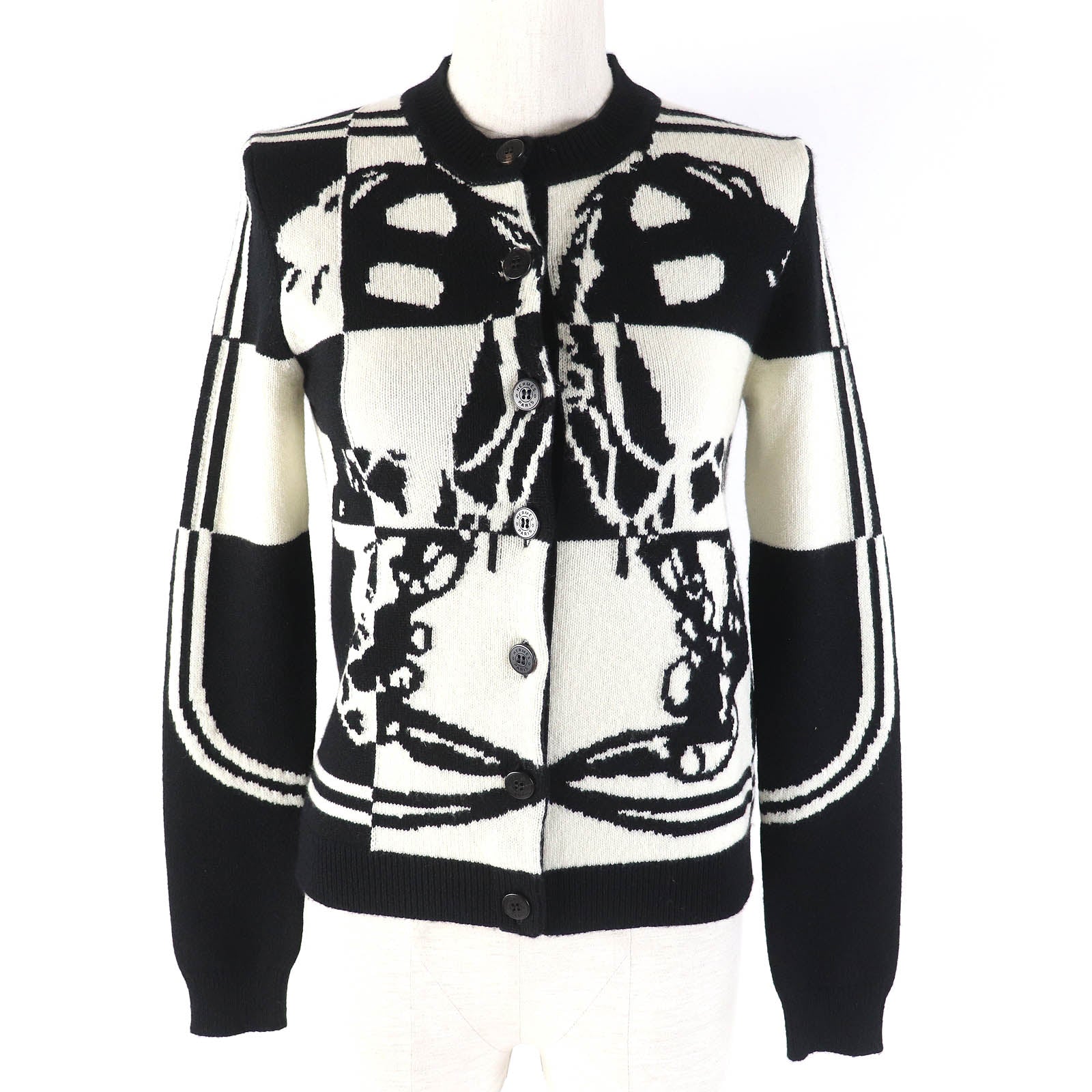 HERMES Cashmere Cardigan Black White 34 Women