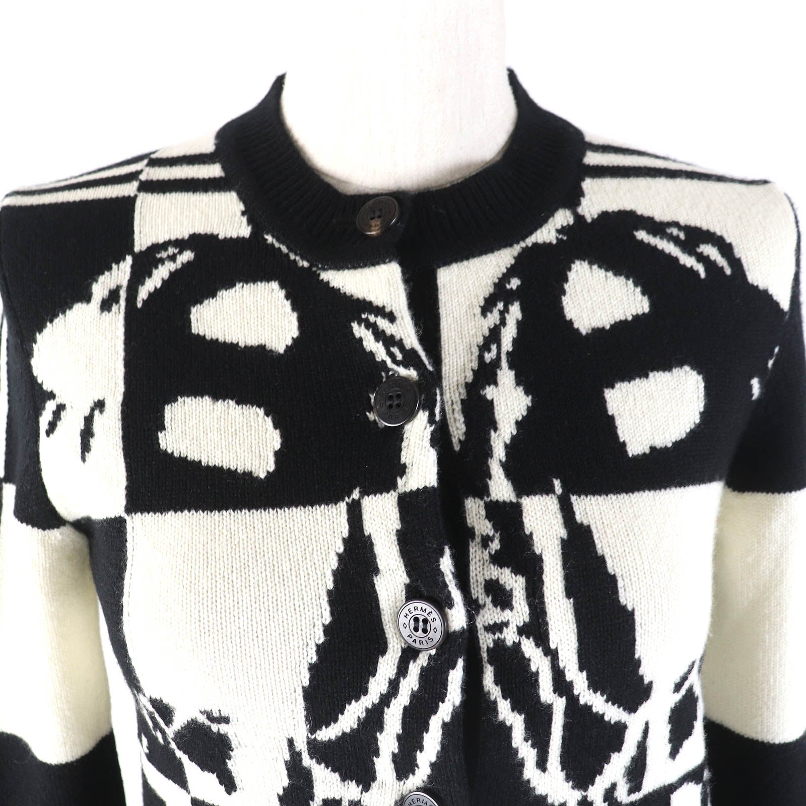 HERMES Cashmere Cardigan Black White 34 Women