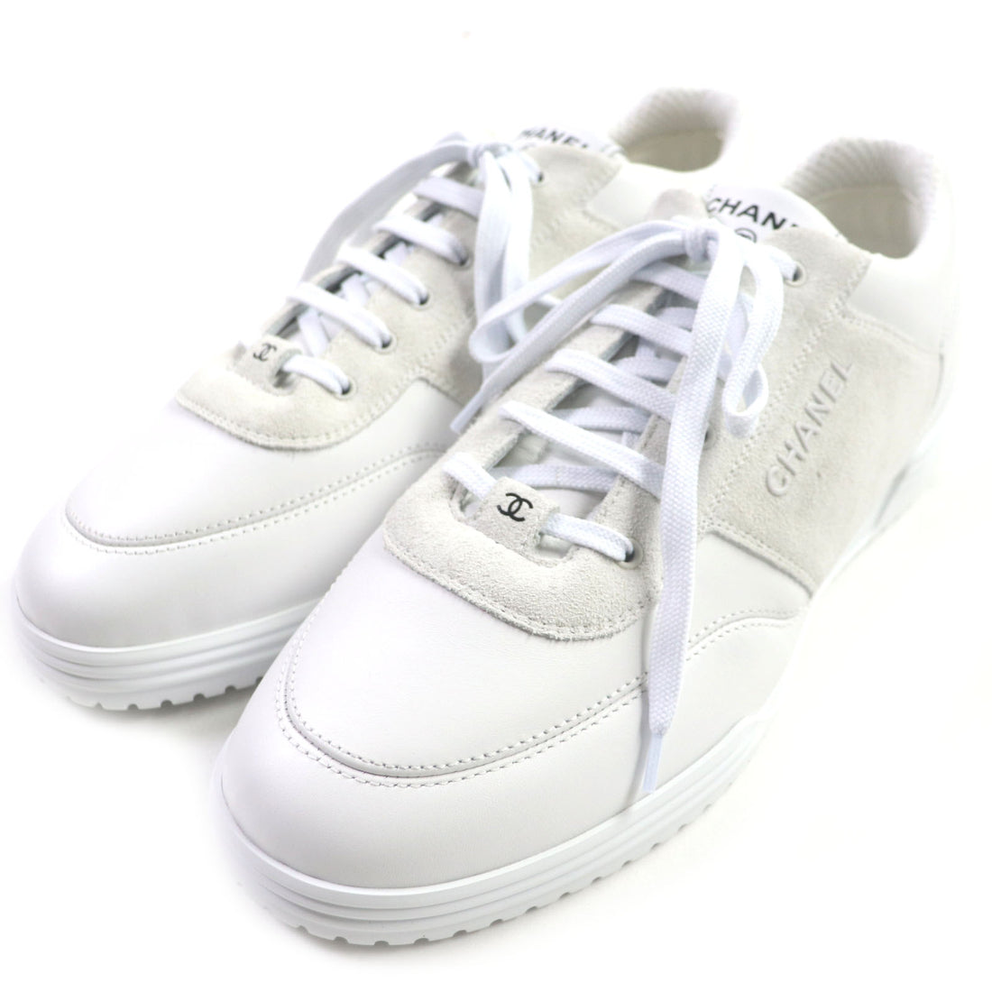 Chanel Leather Suede Low Cut Sneakers White 43