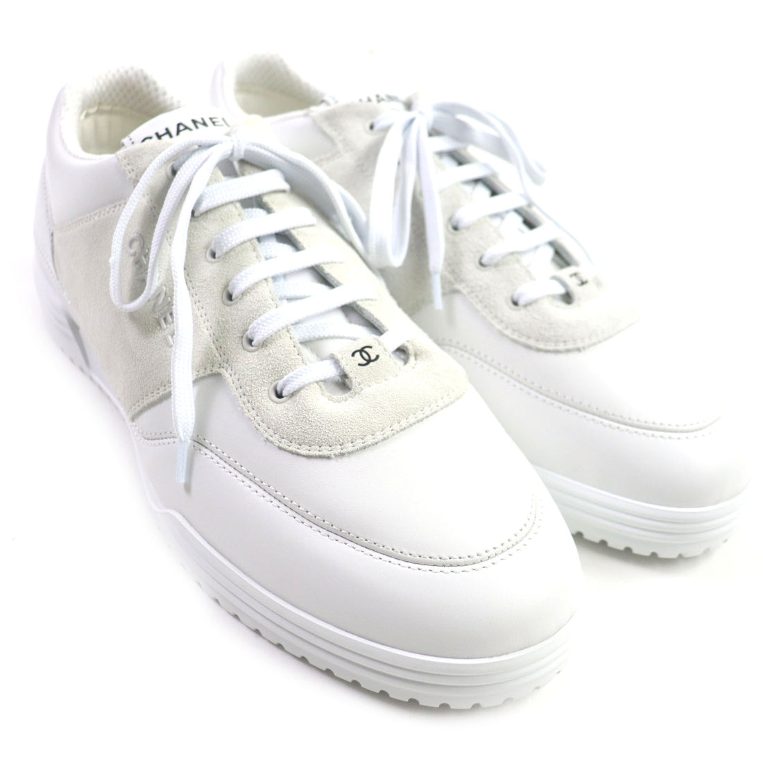 Chanel Leather Suede Low Cut Sneakers White 43