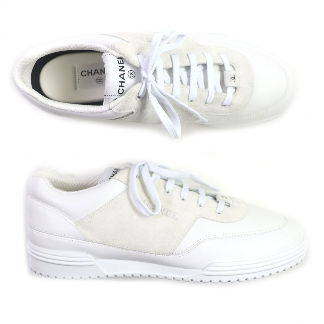 Chanel Leather Suede Low Cut Sneakers White 43