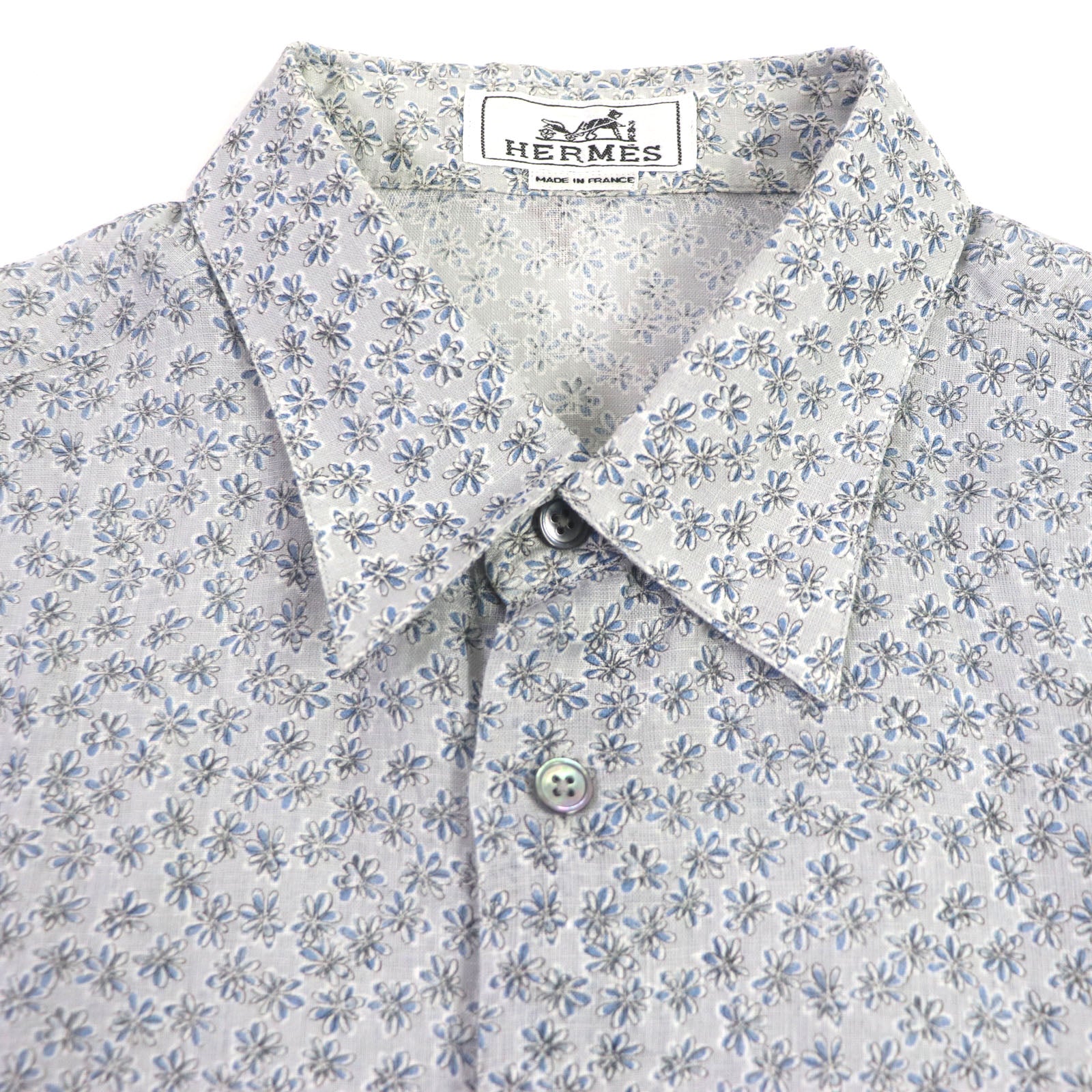 HERMES Floral Print Linen Long Sleeve Shirt