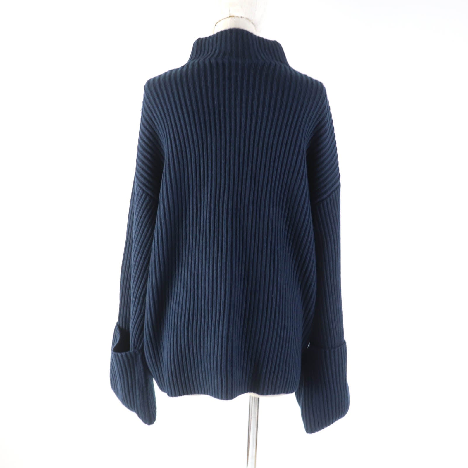 Burberry Cotton Cashmere High Neck Ribbed Knit Navy