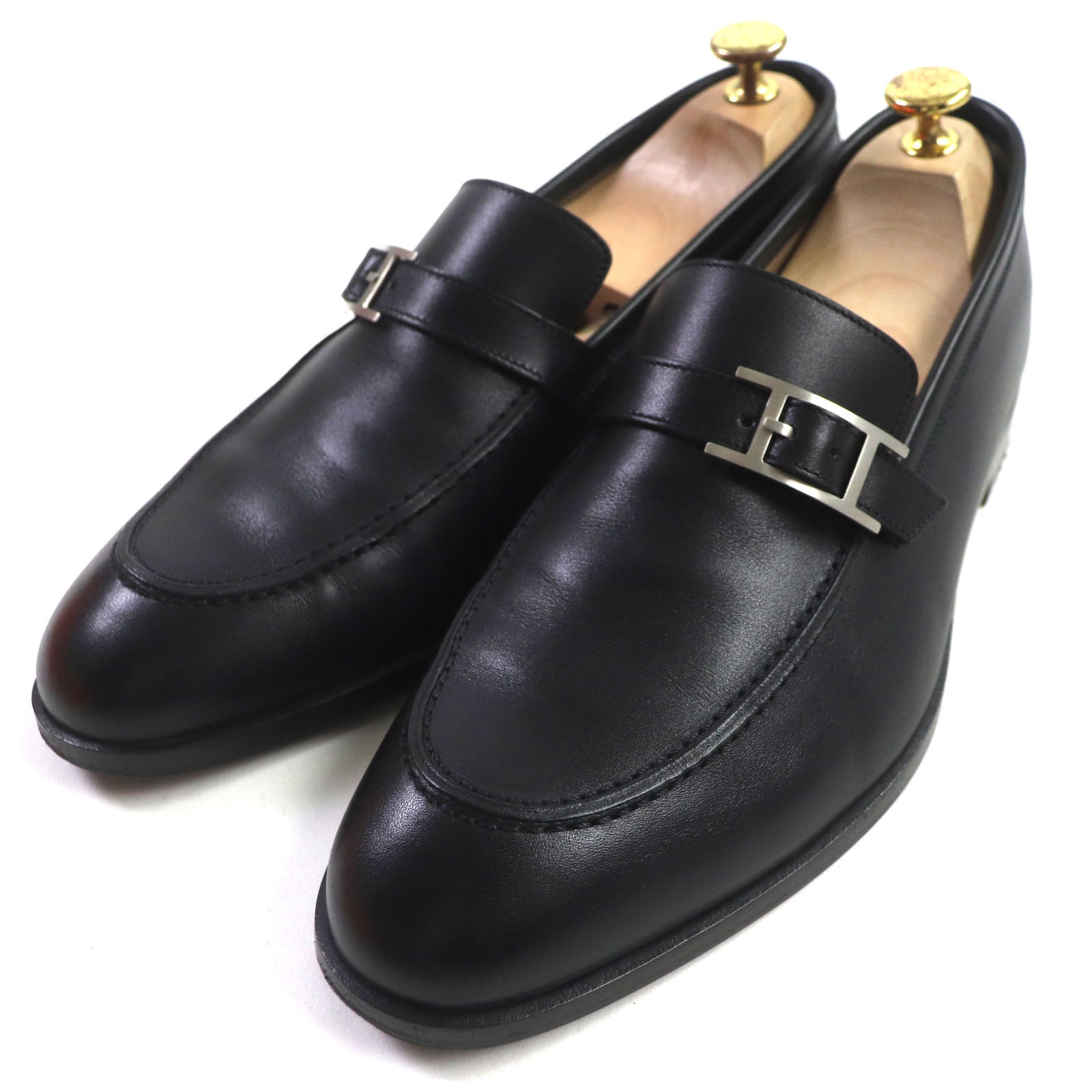 Hermes Leather U-tip H Logo Shoes Black 41.5