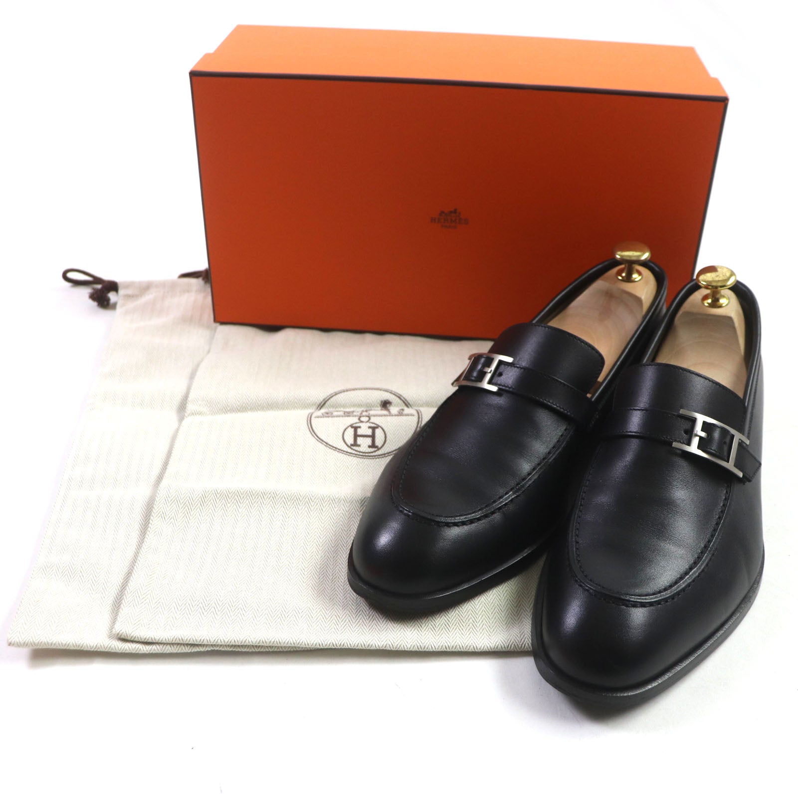 Hermes Leather U-tip H Logo Shoes Black 41.5