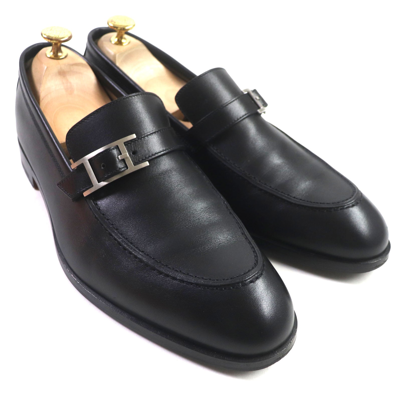 Hermes Leather U-tip H Logo Shoes Black 41.5