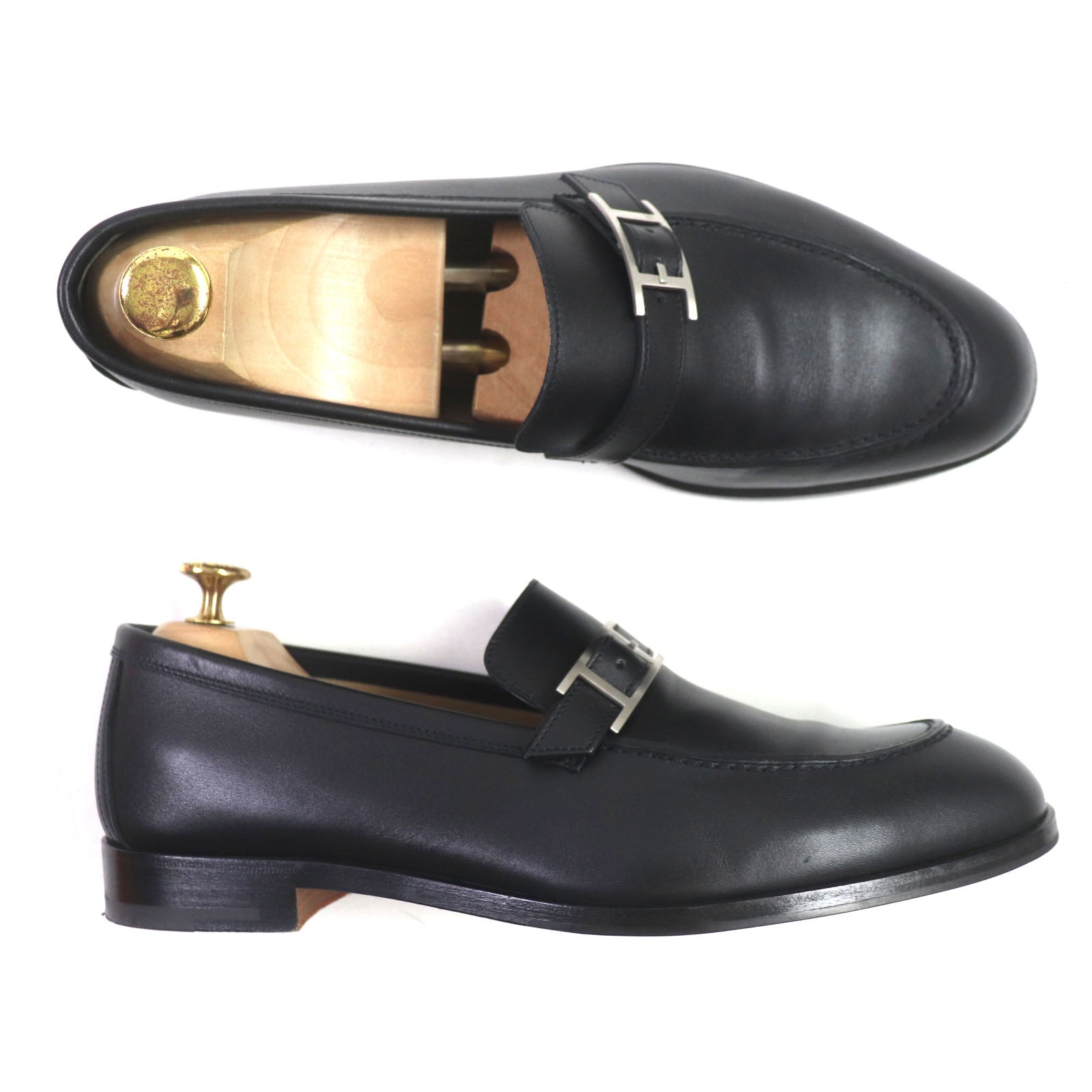 Hermes Leather U-tip H Logo Shoes Black 41.5