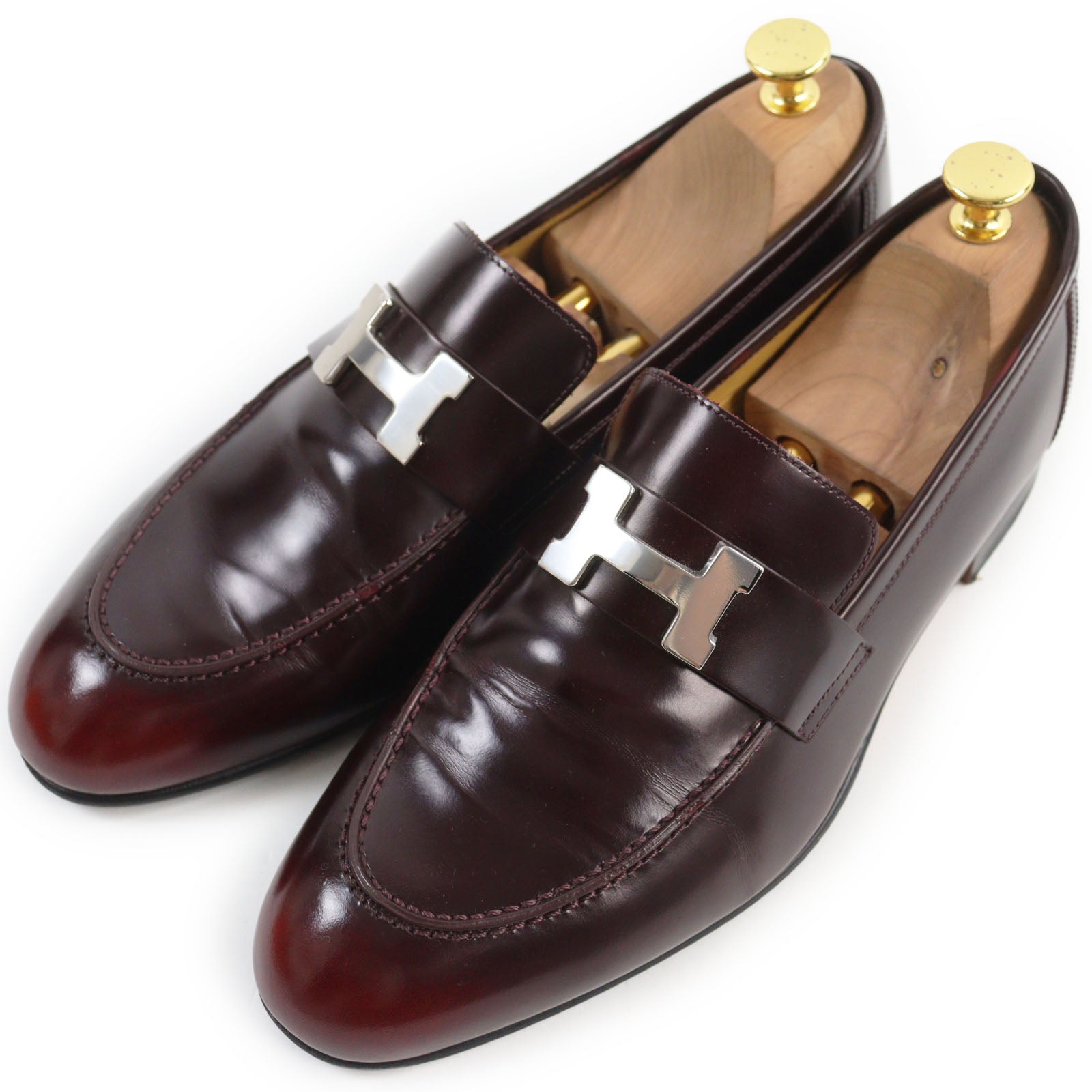 HERMES Leather Loafers Burgundy 40.5 Men