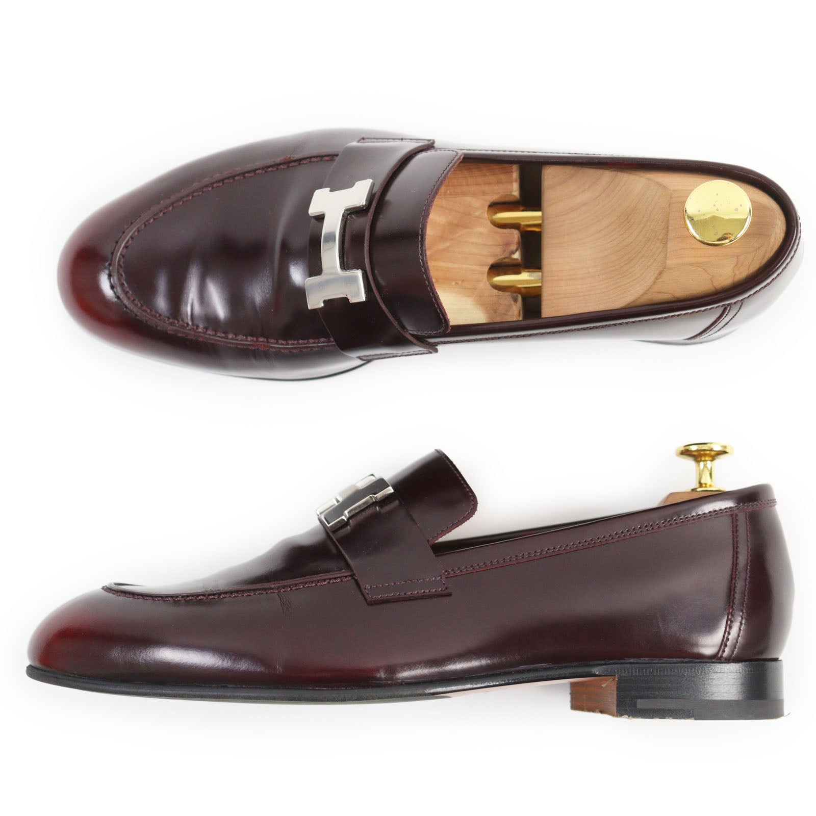 HERMES Leather Loafers Burgundy 40.5 Men