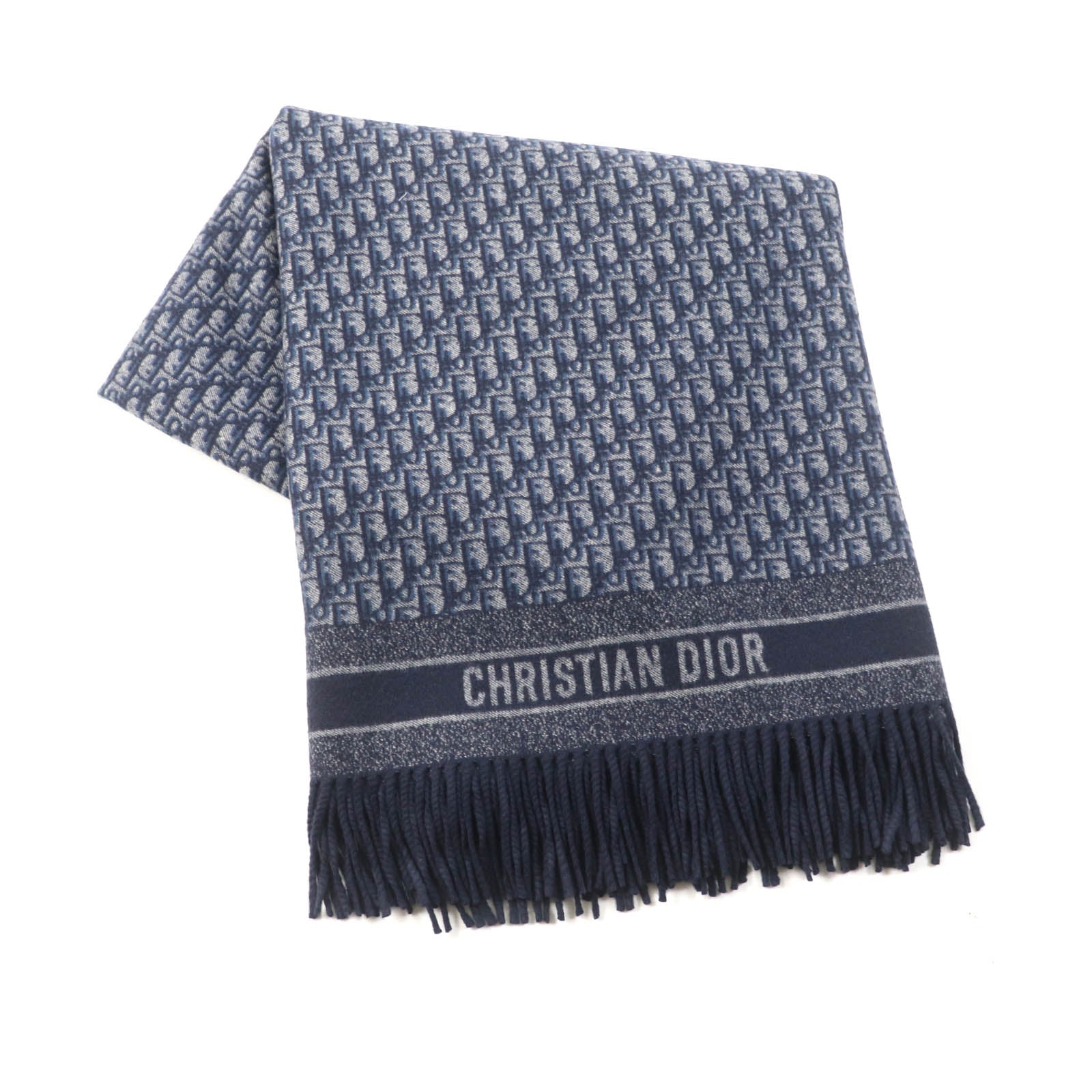 Dior Cashmere Wool Silk Logo Fringe Shawl Blanket