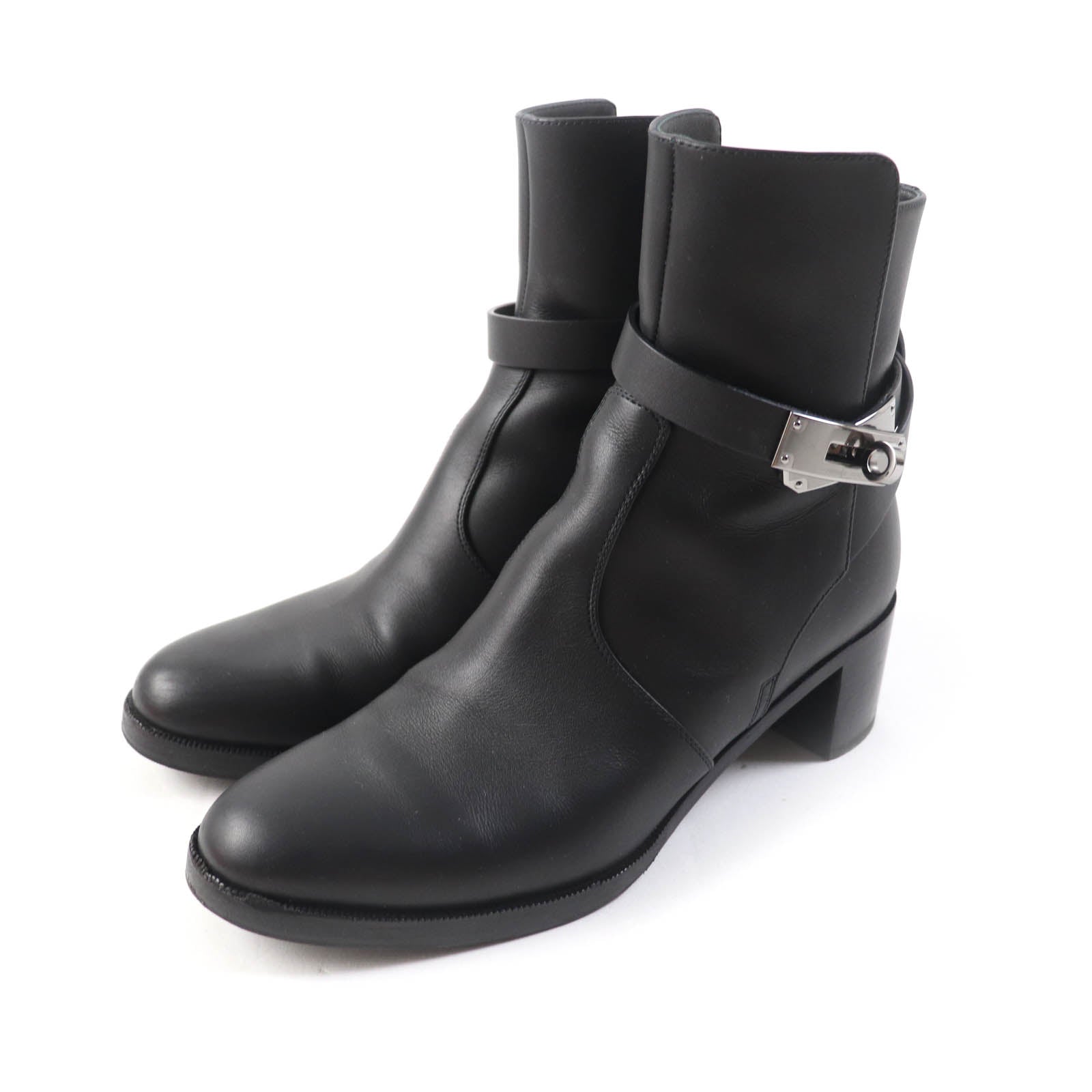 Hermes Kelly Buckle Leather Boots Black 36