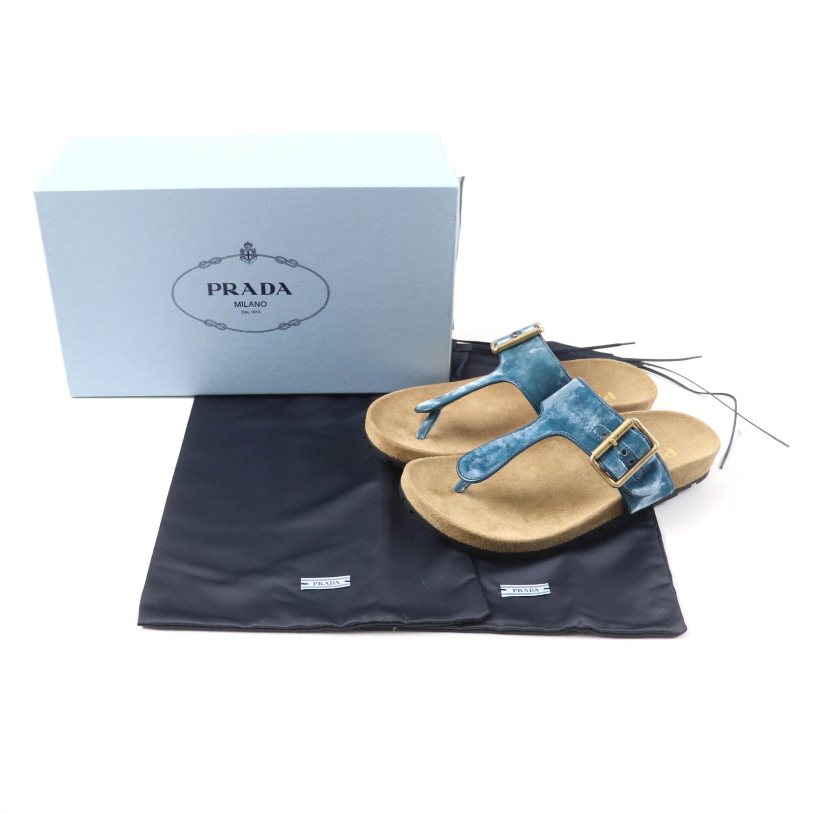 Prada Belt Design Thong Sandals Blue 36.5