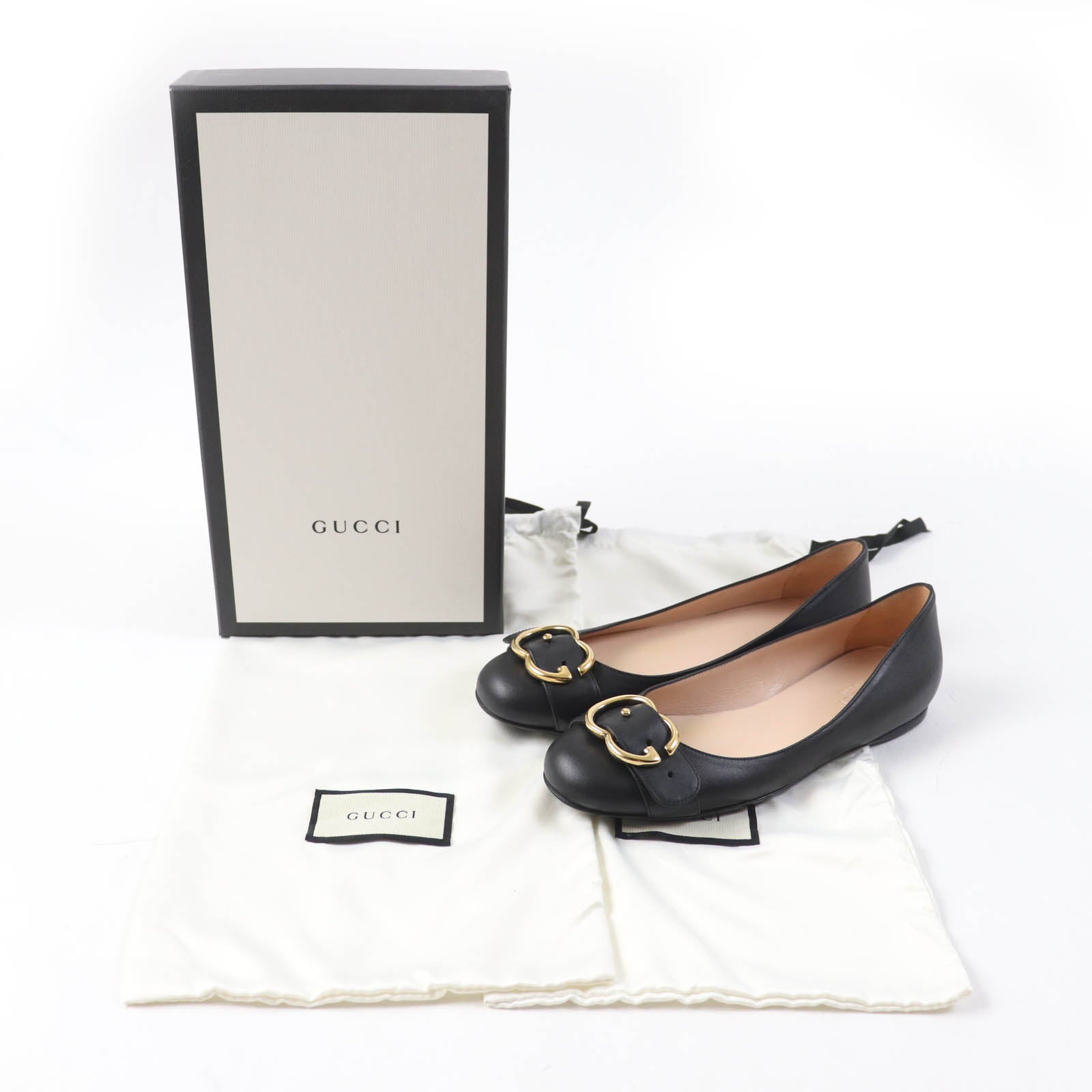 Gucci Leather Flat Pumps Double G Black 36